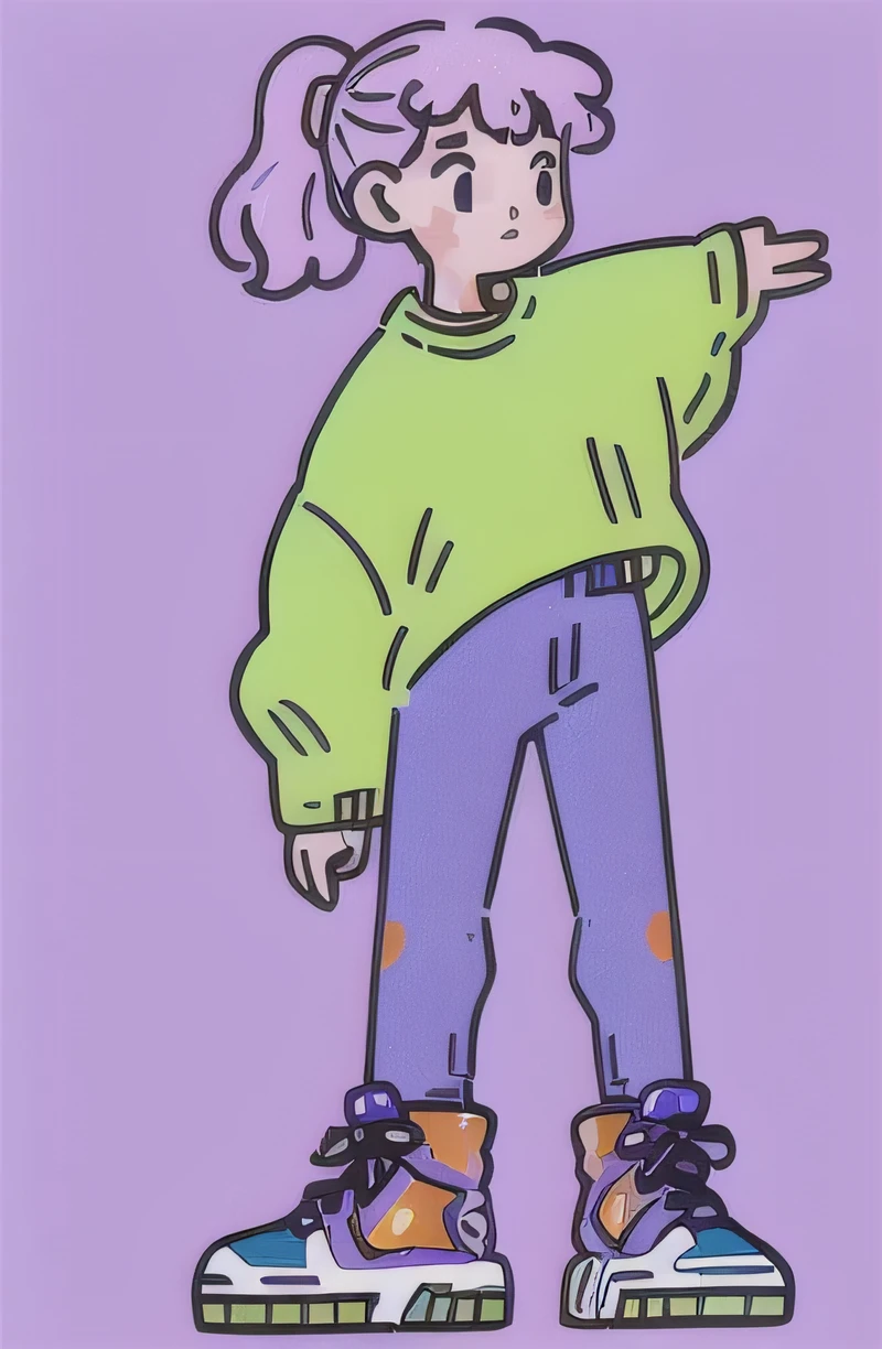 (((whole body)))、best image quality、highest quality、8k, 1 girl, alone, , (((whole body))), purple background, long sleeve, hair 弓, looking at the viewer, green shirt, Long denim、boots, simple background, ribbon, Virtual YouTuber, Are standing,, cross lace shoes, collared shirt, sleeveless ドレス, (((ponytail))), sleeveless,