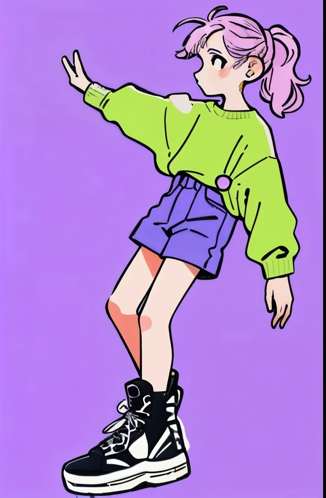 (((whole body)))、Highest image quality、highest quality、8K, 1 girl, alone, , (((whole body))), purple background, long sleeve, hair 弓, looking at the viewer, Green shirt, Long denim、boots, simple background, ribbon, Virtual YouTuber, Are standing,, cross lace shoes, collared shirt, No sleeve ドレス, (((ponytail))), No sleeve,
