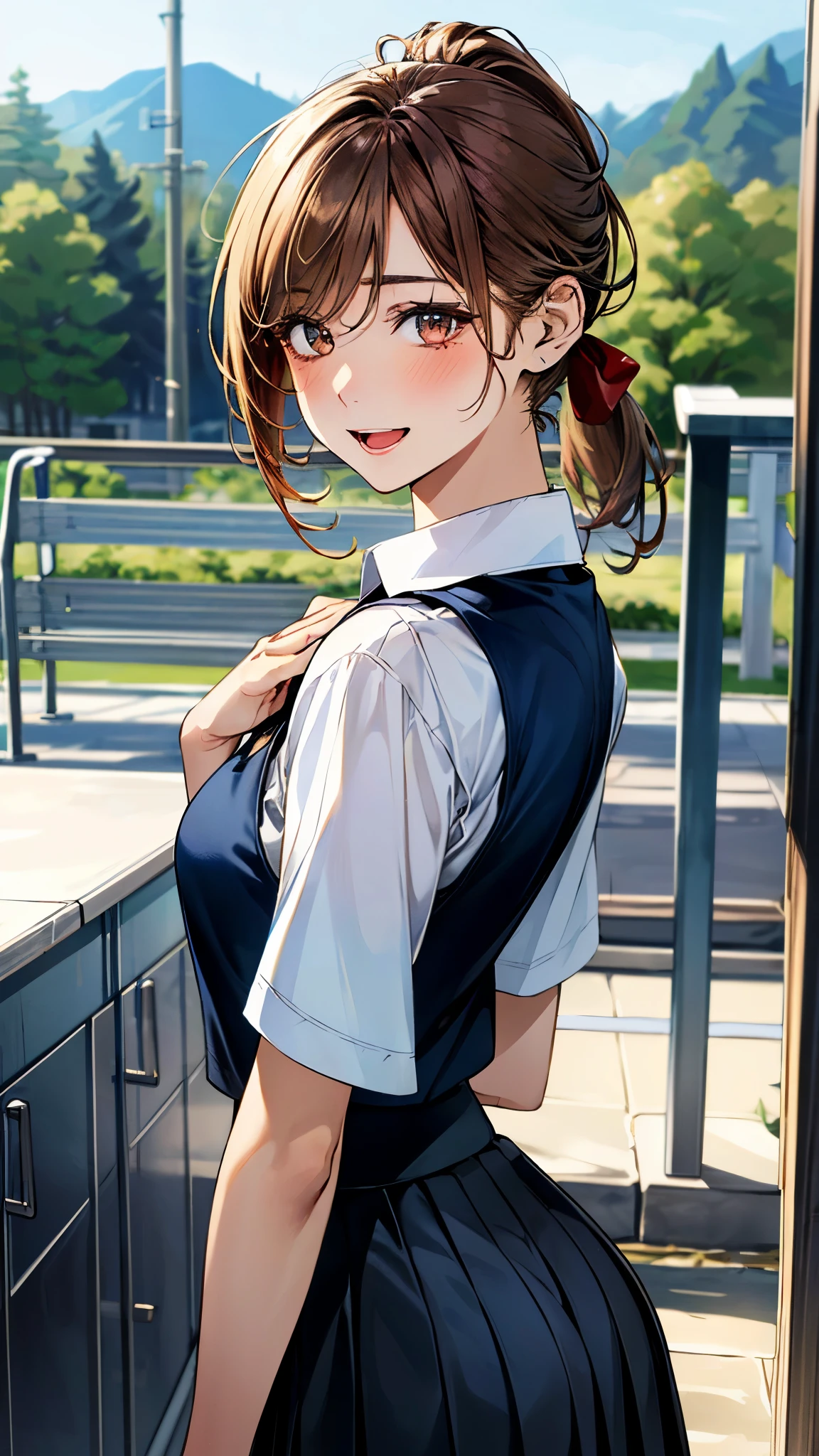 <lora:CARTOON_X_MEN_Evolution_KittyPryde_ownwaifu:0.7> KittyPryde_Dress_ownwaifu, 1girl, brown hair, ponytail, jewelry, blue eyes,  lipstick,long sleeves, lips, long hair, medium breasts, blush, hair bun,   <lora:SakuragaokaHighSchoolUniform:1>  SakuragaokaWinter, sakuragaoka high school uniform, open jacket, white shirt, long sleeves, neck ribbon, grey skirt,, absurdres, ultra detailed, masterpiece, best quality, aesthetic, detailed,