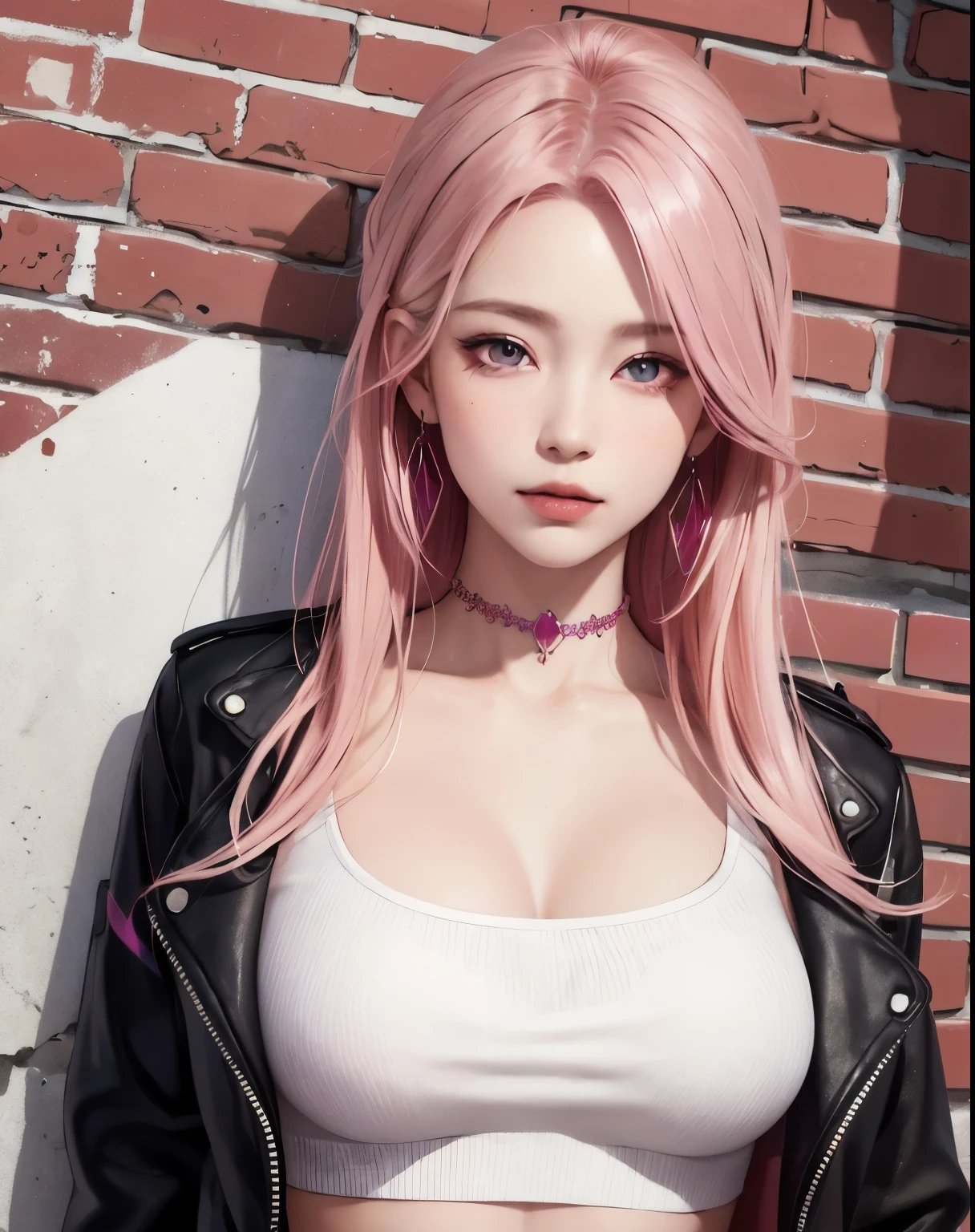 (masterpiece, best quality, 1girl, solo, intricate details, chromatic aberration), realistic, ((medium breath)),long hair, pink hair, red head ornament, pink highlights, hair over one eye,purple eyes, earrings, sharp eyes, choker, neon shirt, open jacket, crop top, (symmetry eyes),(perfect symmetrical body),against wall, brick wall, graffiti, dim lighting, alley ,look at viewer
