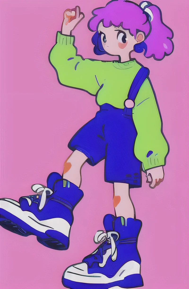 (((whole body)))、best image quality、highest quality、8k, 1 girl, alone, , (((whole body))), purple background, long sleeve, hair 弓, looking at the viewer, green shirt, Long denim、boots, simple background, ribbon, Virtual YouTuber, Are standing,, cross lace shoes, collared shirt, sleeveless ドレス, (((ponytail))), sleeveless,