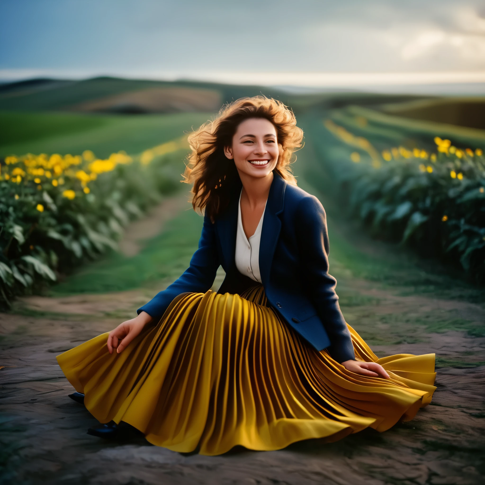 A smiling, authentic, (shy:1,3), kind, beautiful woman, is passionately in love with her skirt, sitting down on the ground while wind lifts her skirt, wearing short blazer and very, very detailed (long (fully pleated) full circle skirt) and (low heeled court shoes), very, very intricate hyper-detailed symmetric (attractive graceful young feminine face) with (sad, tired eyes and a loving smile), very voluptuous breasts, full of empathy and compassion and love, (pronounced (feminine) features), (highly detailed ultra accurate realistic) hands and fingers, (windy), epic composition, highly detailed attributes, (35mm f1.4 Kodak portra 400 photograph), extremely high quality RAW photograph, highly detailed atmosphere, sci-fi, cinematic shot, dynamic lighting, 75mm, Technicolor, Panavision, cinemascope, sharp focus, fine details, 8k, HDR, realism, realistic, key visual, film still, superb cinematic color grading, depth of field