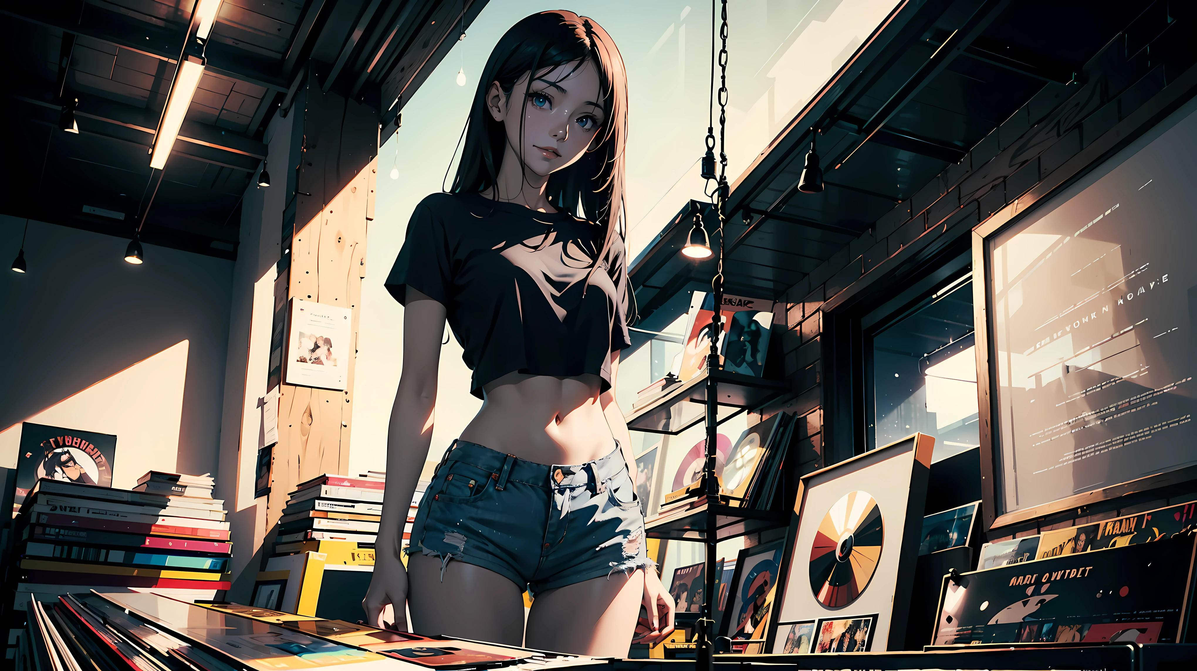 anime girl, long black hair, seductive smile, 18 years old, small breasts, thin hips, tall, standing,  white crop-top shirt, bare midriff, jean shorts  record store, records, vinyl, dramatic lighting, Rembrandt lighting, cinematic lighting, evening, nighttime