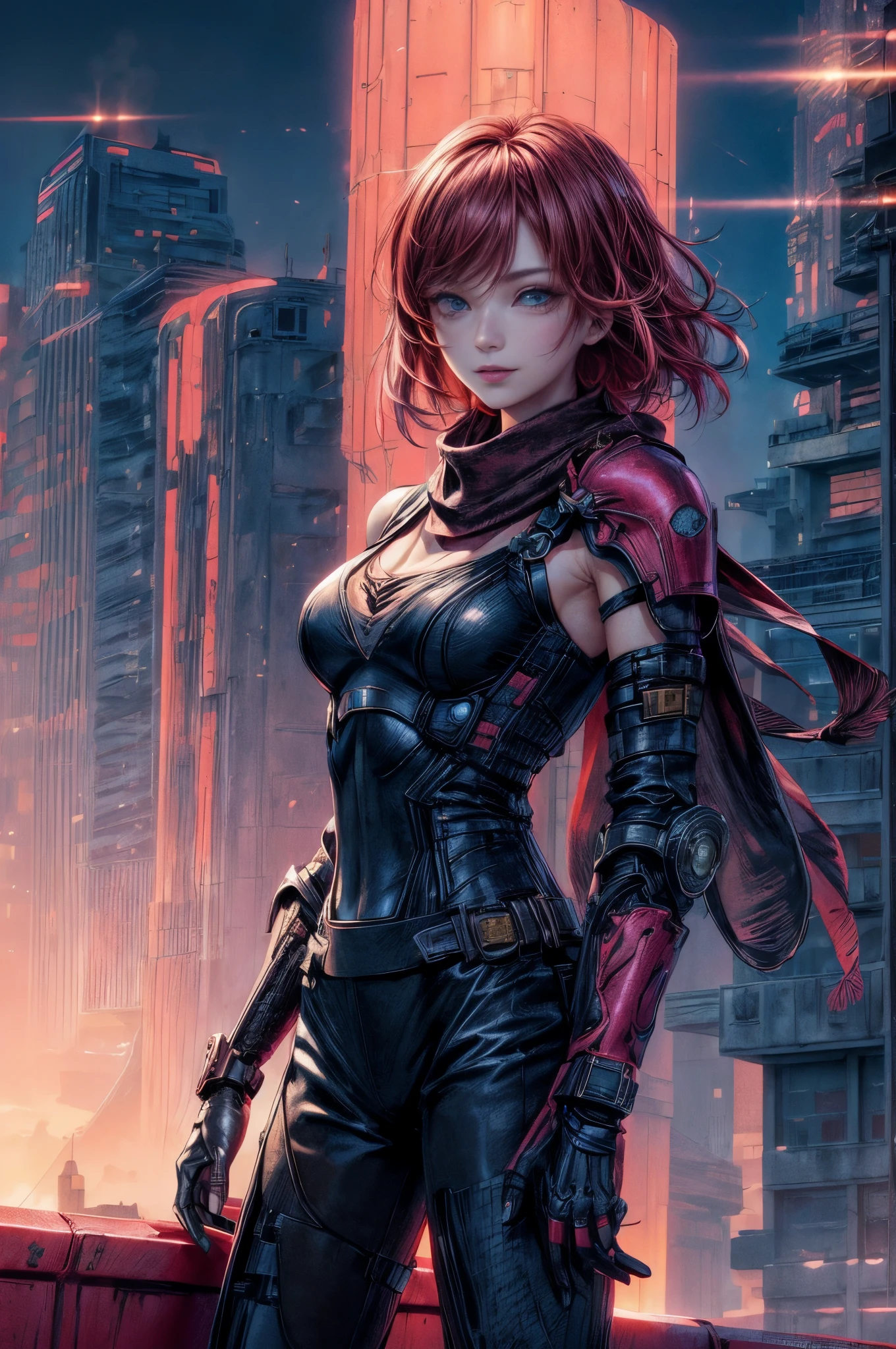 cinematic lighting、highest quality,cyberpunk world、1 female、(20 year old beautiful woman、Detailed beautiful face.medium bobの赤髪、shoulder length hair、blue eyes:1.4)(bright smiling face:1.3)break,medium bob、(bright redhead:1.5)
break
(Dark pink body-fitting leather cyber armor costume,:1.3 )(black scarf:1.5) break.(medium red hair)
(Sunny morning、Asahi)(Rooftop of a building with futuristic buildings visible in the distance:1.4)break(portrait angle)