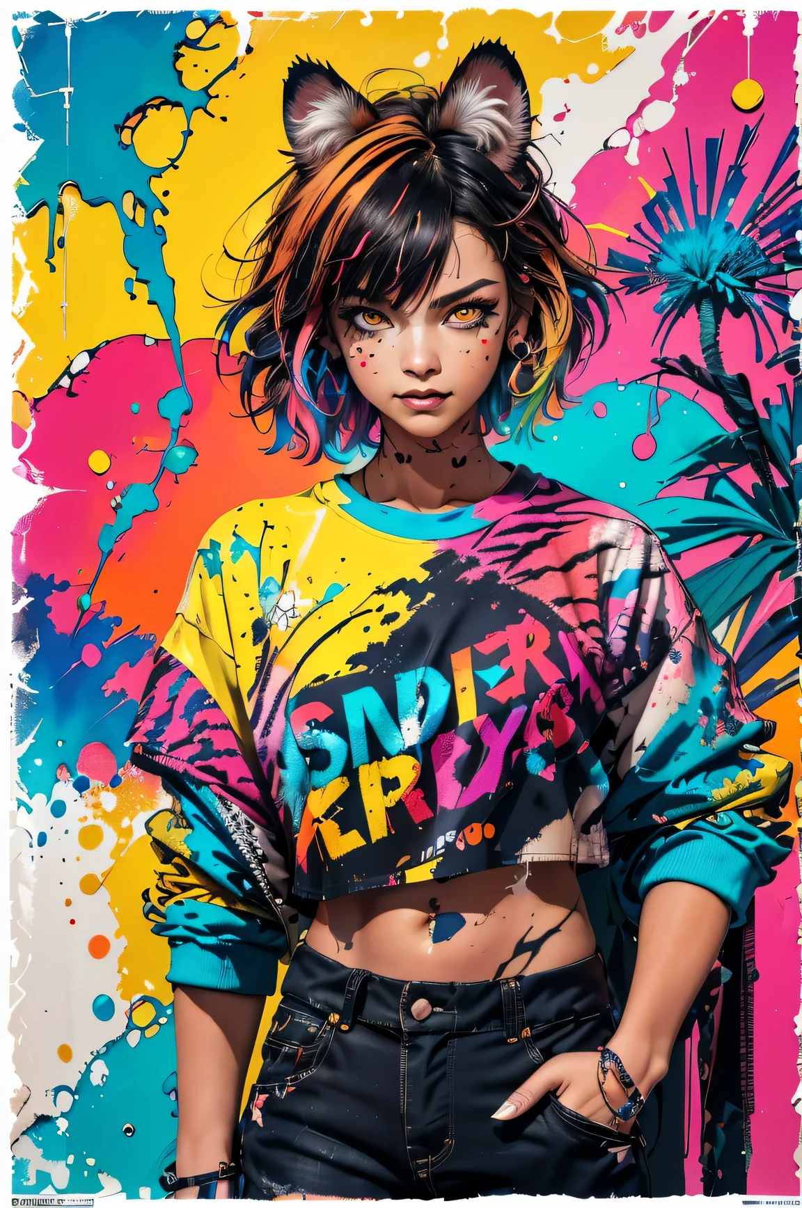 ((((dramatic))), (((gritty))), (((intense))) film poster featuring a young woman as the central character. She stands confidently in the center of the poster, wearing a stylish and edgy outfit, with a determined expression on her face. The background is dark and gritty, with a sense of danger and intensity. The text is bold and attention-grabbing, with a catchy tagline that adds to the overall feeling of drama and excitement. The color palette is mainly dark with splashes of vibrant colors, giving the poster a dynamic and visually striking appearance,tachi-e
(magazine:1.3), (cover-style:1.3), fashionable, woman, vibrant, outfit, posing, front, colorful, dynamic, background, elements, confident, expression, holding, statement, accessory, majestic, coiled, around, touch, scene, text, cover, bold, attention-grabbing, title, stylish, font, catchy, headline, larger, striking, modern, trendy, focus, fashion, masterpiece:1.1), (highest quality:1.1), (HDR:1.0), extreme quality, cg, (negative space), detailed face+eyes, 1girl, fox ears, animal ear fluff, (plants:1.18), (fractal art), (bright colors), splashes of color background, colors mashing,colorful; background paint splatter, complimentary colors, neon, (thunder tiger), compassionate, electric, limited palette, synthwave, fine art, tan skin, upper body, (blu and red:1.2), time stop, sy3, SMM, Android 17, short hair,