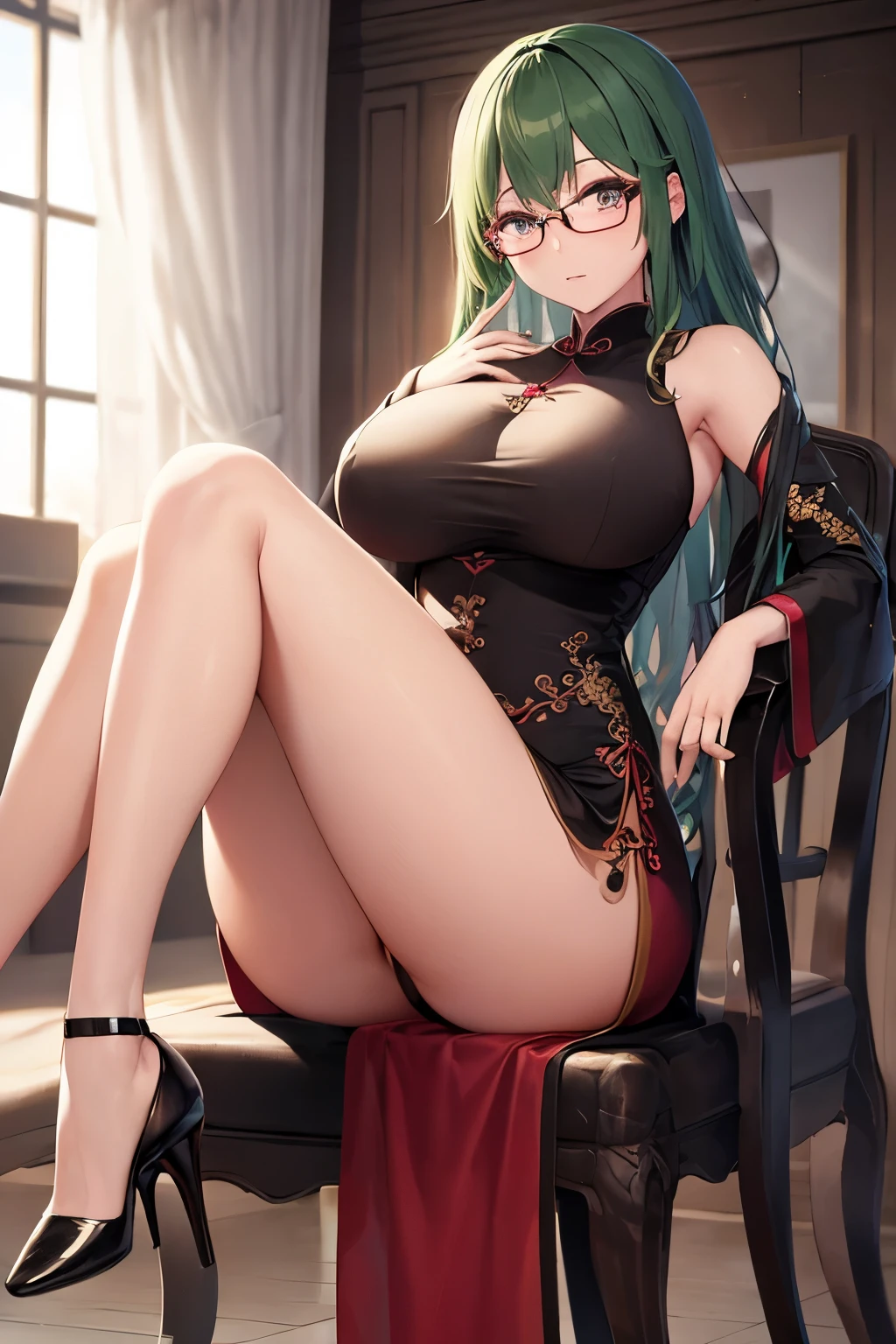 ((highest quality)), ((masterpiece)、Dark background、mafia、female boss、sitting on a chair、big breasts、bad face、glare、red and black long cheongsam、high heels、creepy room、green hair、purple eyes、Dynamic eyes、sense of presence、fear、Beautiful leg lines、Okappa、パッツンforward髪、round glasses、beautiful face、beautiful eyelashes、front、Distance away、forward、