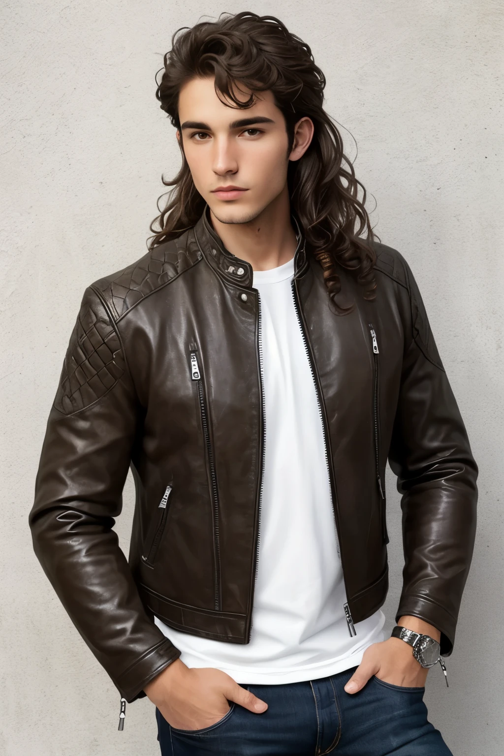 Damiano David,male,white skin,bikers jacket,long brown curly hair