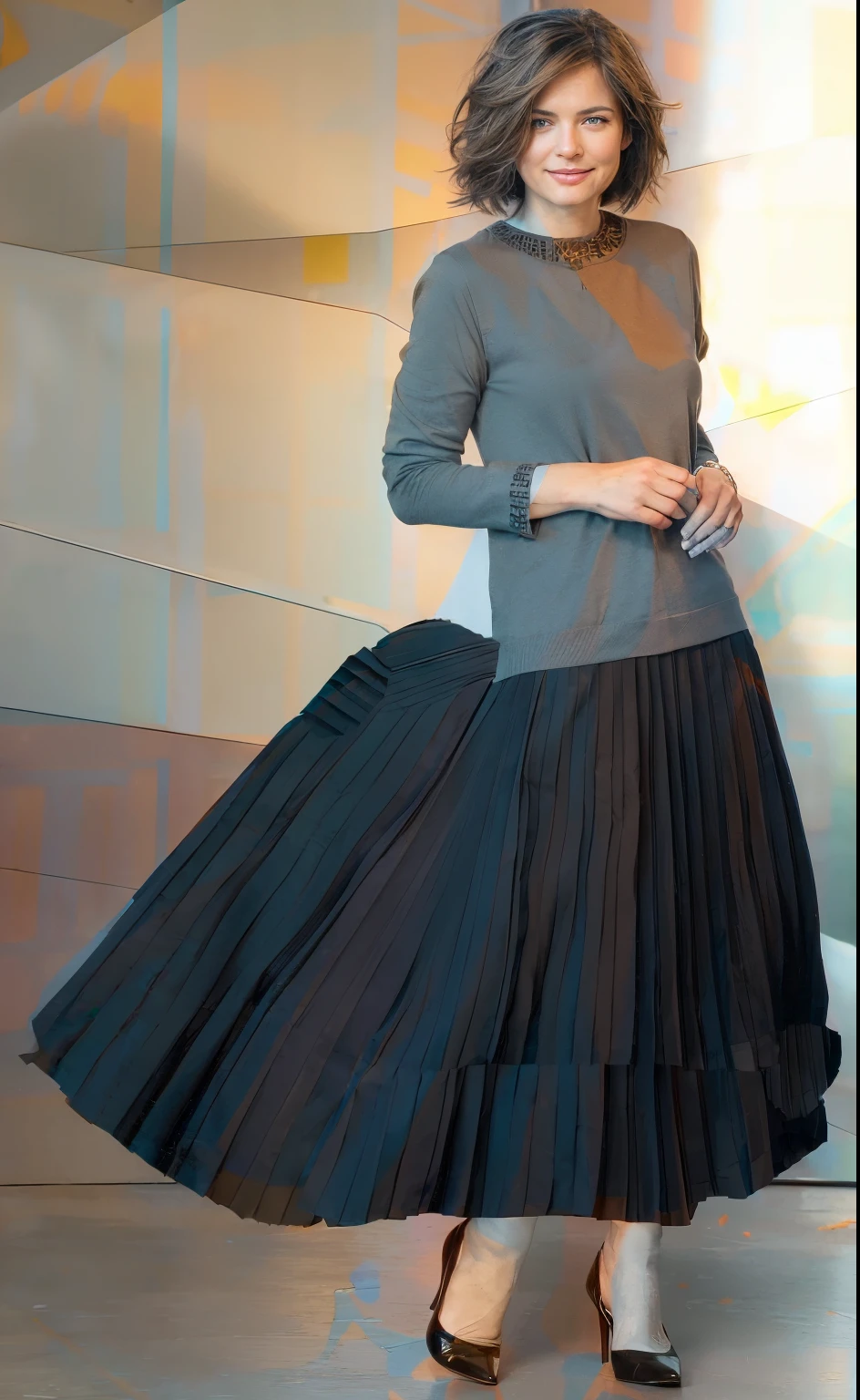 A smiling, authentic, (shy:1,3), kind, beautiful woman, is passionately in love with her skirt, touching herself while wind lifts her skirt, wearing short blazer and very, very detailed (long (fully pleated) full circle skirt) and (low heeled court shoes), very, very intricate hyper-detailed symmetric (attractive graceful young feminine face) with (sad, tired eyes and a loving smile), very voluptuous breasts, full of empathy and compassion and love, (pronounced (feminine) features), (highly detailed ultra accurate realistic) hands and fingers, (windy), epic composition, highly detailed attributes, (35mm f1.4 Kodak portra 400 photograph), extremely high quality RAW photograph, highly detailed atmosphere, sci-fi, cinematic shot, dynamic lighting, 75mm, Technicolor, Panavision, cinemascope, sharp focus, fine details, 8k, HDR, realism, realistic, key visual, film still, superb cinematic color grading, depth of field