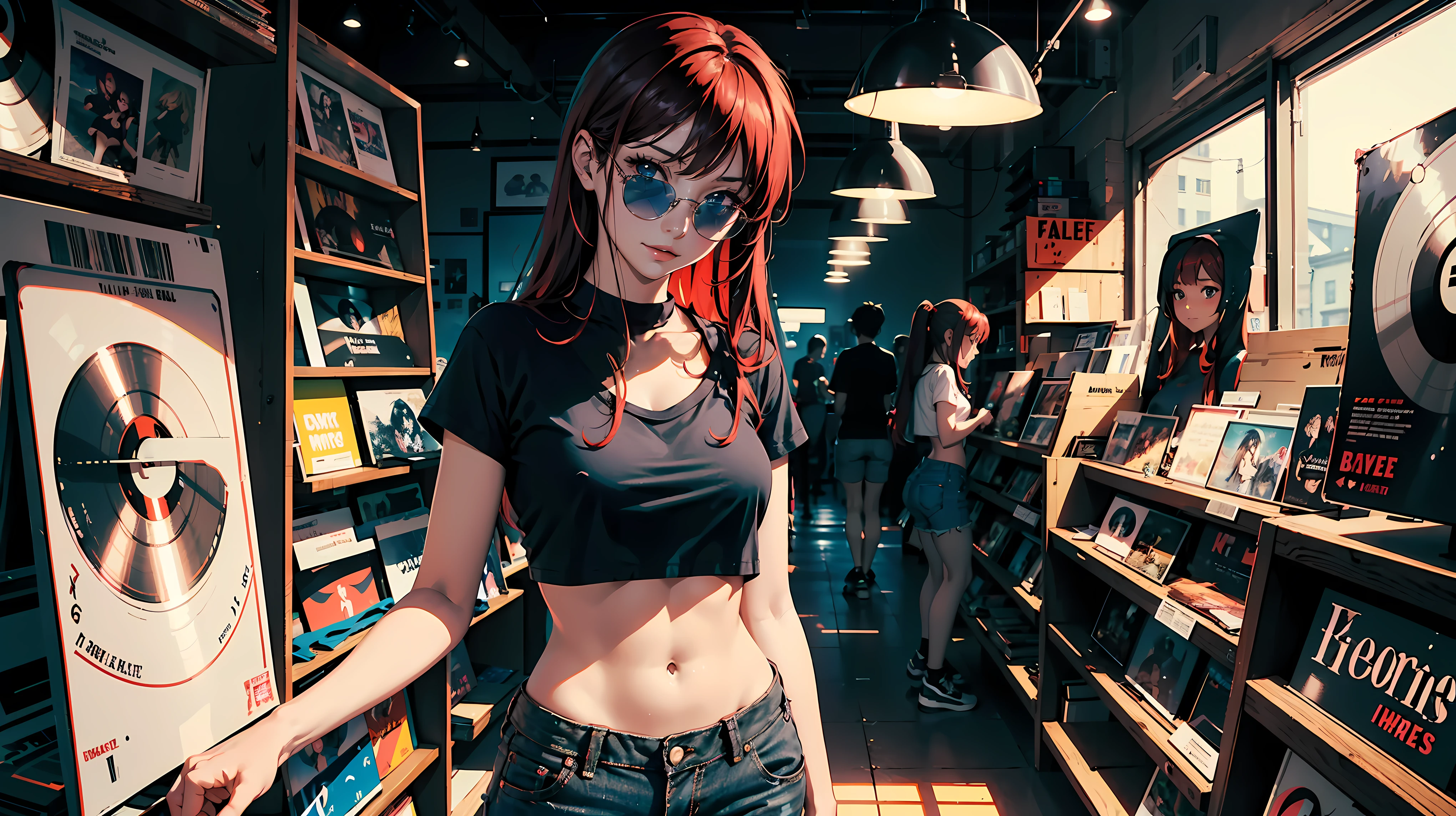 anime girl, long red hair, seductive smile, 18 years old, small breasts, thin hips, tall, standing, blue crop-top t-shirt shirt, bare midriff, jean shorts record store, records, vinyl, dramatic lighting, cinematic lighting, evening, nighttime