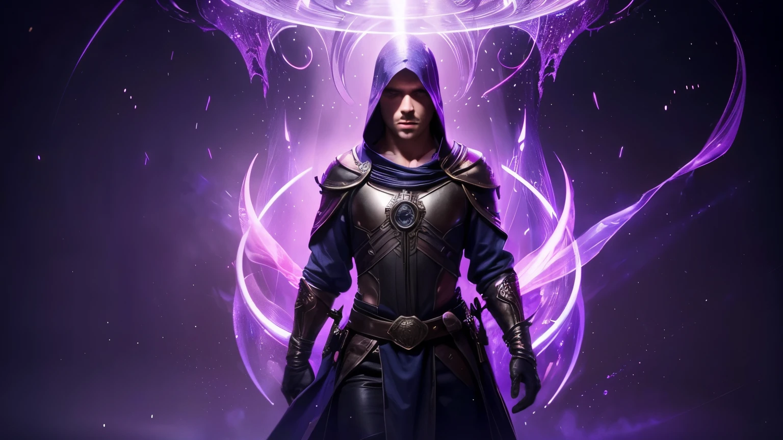 A male figure with ethereal outlines inside a glass column, purple light, red smoke, fantasy, medieval clothing (best quality, 4k, highres, ultra-detailed, realistic:1.37), vivid colors, sharp focus, studio lighting