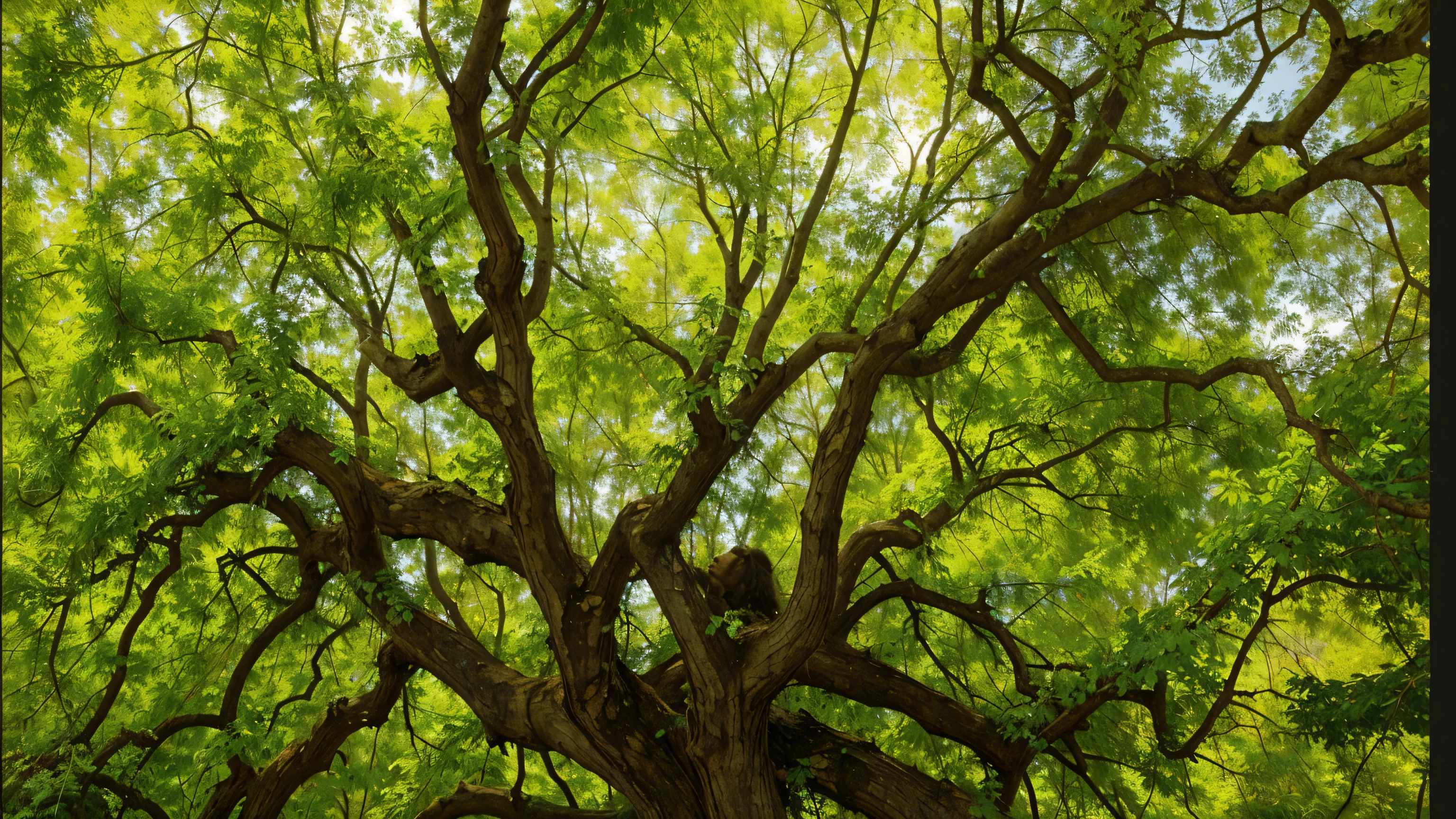 a close-up of a large tree with many green leaves, intricate galhos, winding galhos, galhos pendentes, The treetops of giant oaks, tree branches intertwine branches, ramification, low angle 8k hd nature photo, dossel surreal, with branches reaching the sky, galhos and ivy, galhos, galhos and foliage, big green tree