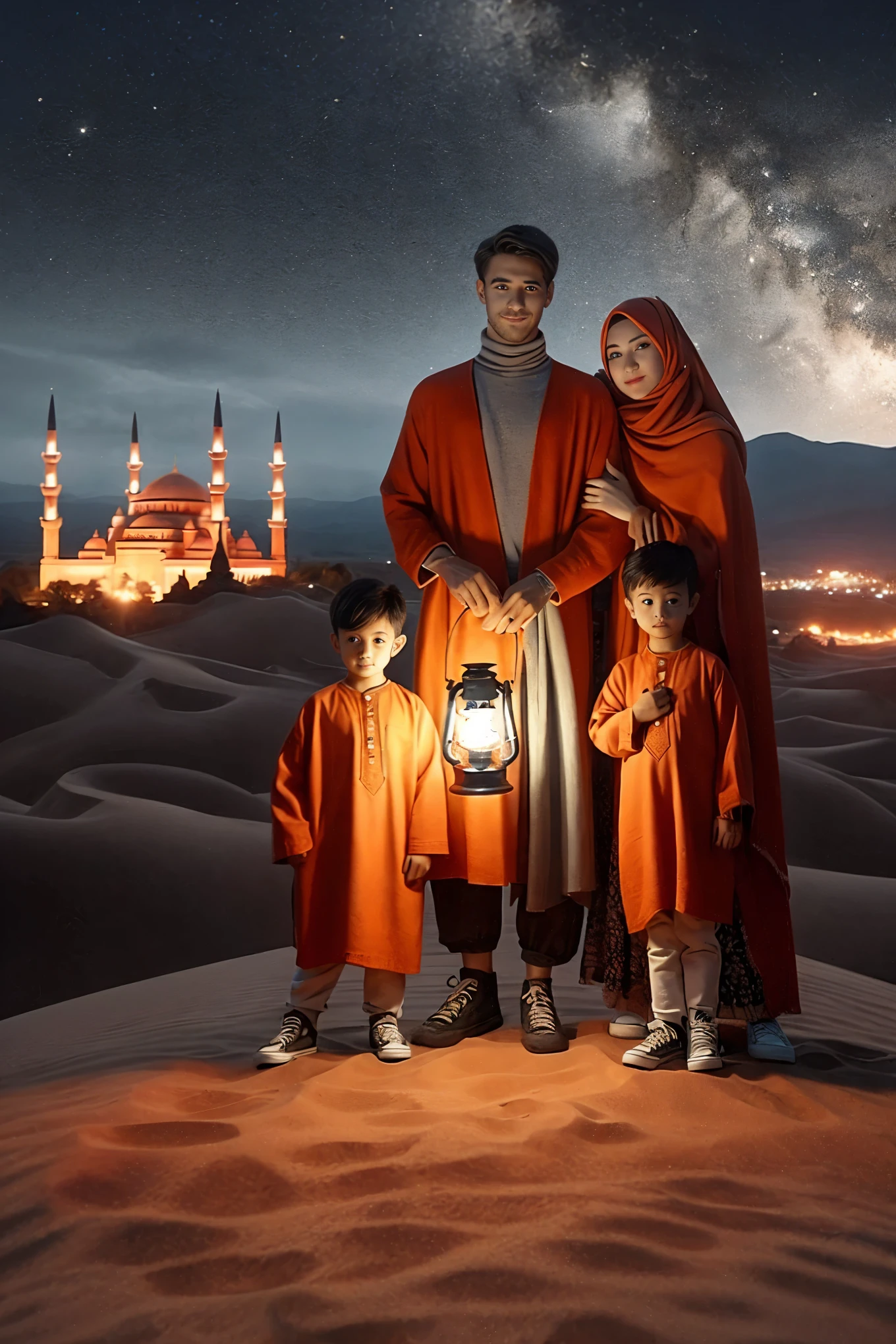 arafed family standing in the desert with a lantern in hand, by Basuki Abdullah, an indonesian family portrait, family portrait, by Ibrahim Kodra, by Alexander Kucharsky, by Amir Zand, happy family, by irakli nadar, by Abdullah Gërguri, profile picture 1024px, by Ismail Acar, arabian nights