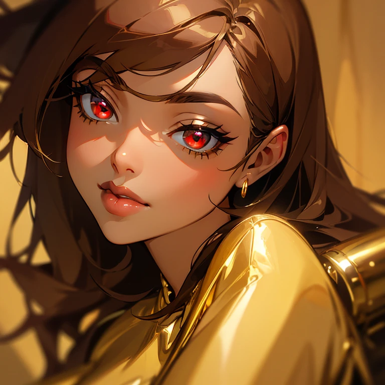 (((gold color lips))), dark skin, long light brown hair, red eyes,