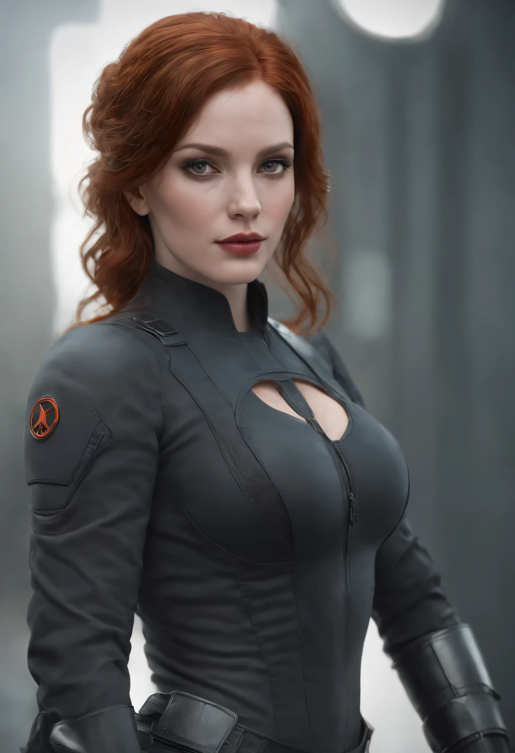 Christina Hendricks as Black Widow from the Marvel Universe, in an urban environment, super detailed, super detailed black widow costume, pale skin, busty breasts, big , qualitative facial research, whole body, Excellent quality for competitions, (Perfect body: 1.1), (short wavy hair: 1.2), hole body, everyday pose, Cool pose, (extremely detailed CG 8k wallpaper), (Very gentle and beautiful), (Masterpiece), (Best quality: 1.0), (ultra-A high resolution: 1.0), good lighting, perfect lighting, realistic shadows, [A high resolution], detailed skin, super detailed (((brand))), digital art, Metal Gear Solid-conceptual art, whole body-conceptual art, Expert concept art with a high level of detail, conceptual art such as Ernest Halimov, fps game concept art, conceptual art, Craig-Mullins-Steel, Video game concept art, 4k