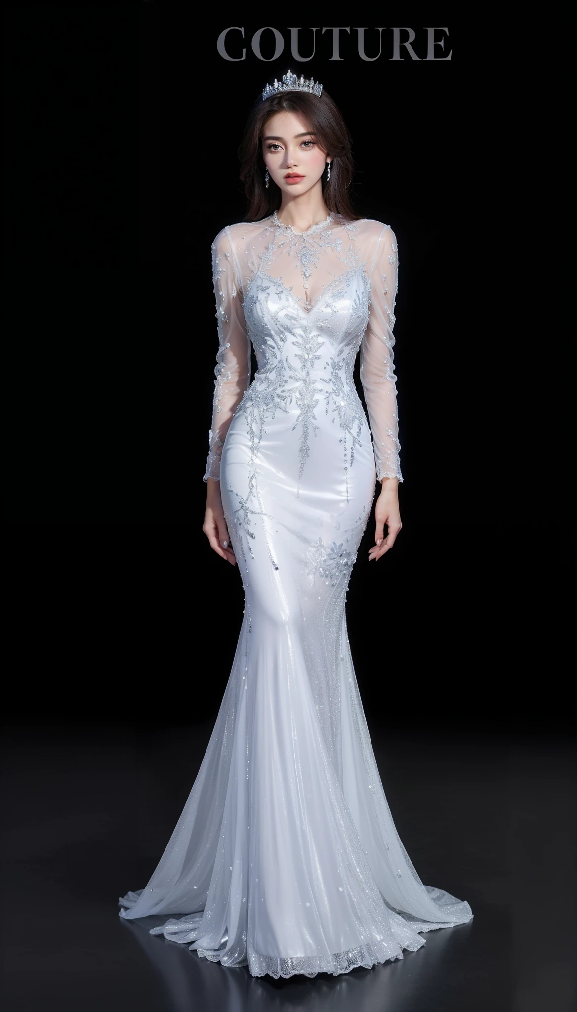 Royal sister，exquisite eyes，Detailed facial expressions body，tall figure，Leg length，4k，HD，translucent lace，Fair and plump figure，pretty face，Little cherry mouth，beautiful and delicious（3D royal sister），exquisite dress，Wear crystal jewelry，Gorgeous crystal gems，Gem and jewelry crown，The color of the picture is very bright，Gorgeous ice and snow princess，Very gorgeous and noble dress