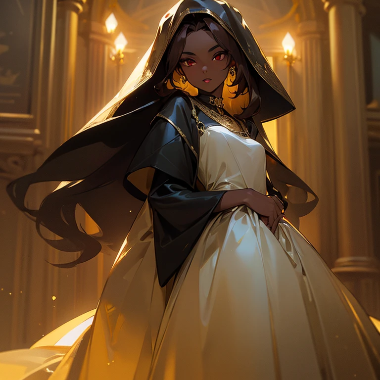 (((gold color lips))), dark skin, long light brown hair, red eyes, a woman in ((((black)))) Wedding dress