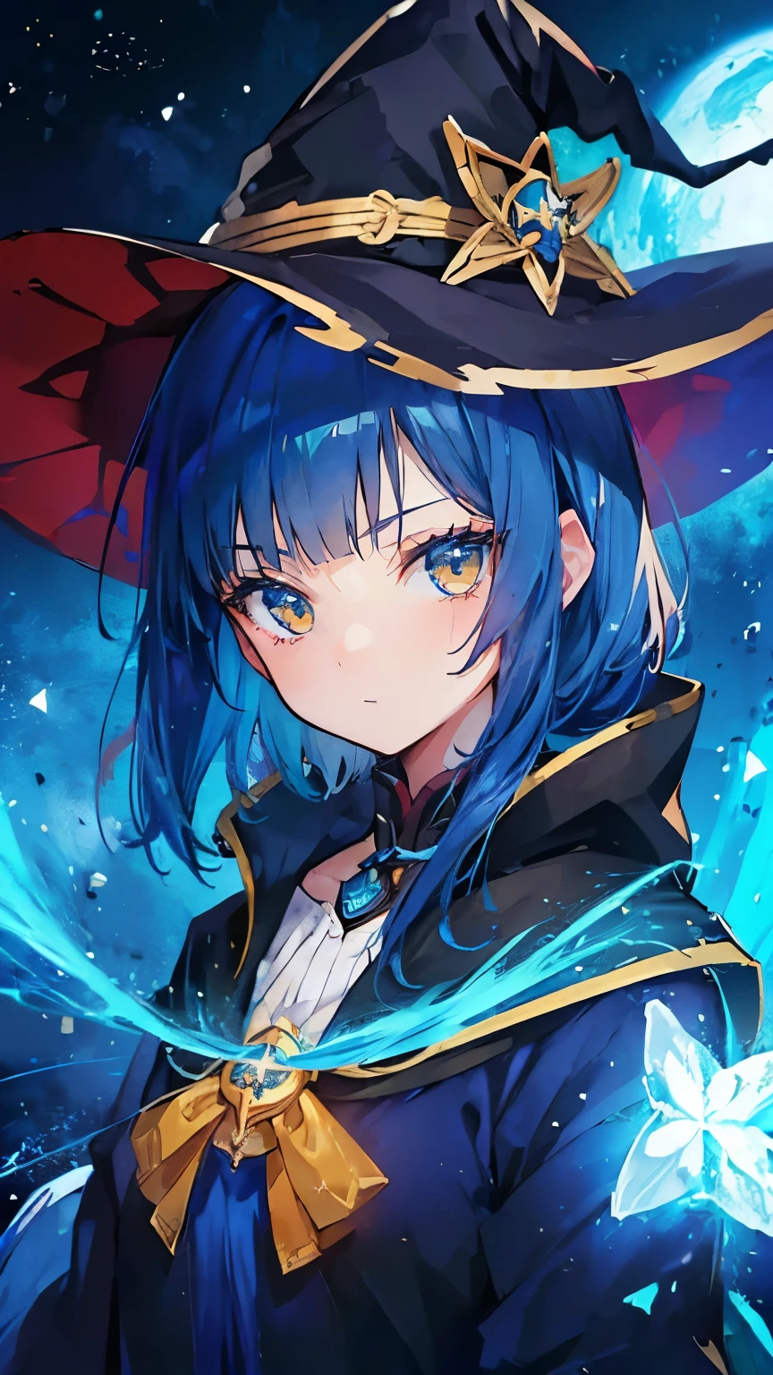 ((magic使いの女の子:1.5)), perfect face, beautiful face, highly detailed face,(blue hair_yellow eyes:1.3),(witch hat:1.3),night sky,many stars,shine,Light,smile,magic,Sparkling,moon,star particles