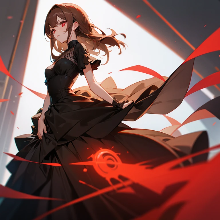 woman red eyes black prom dress light brown hair