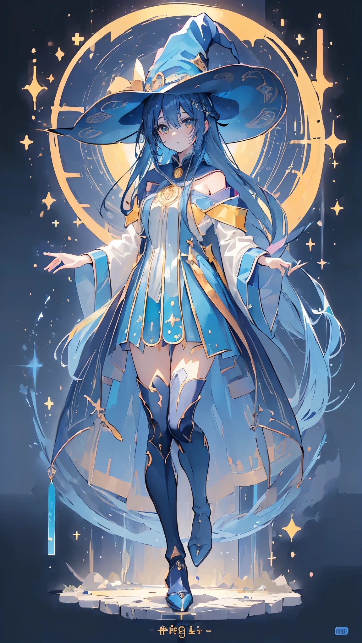 ((magic使いの女の子:1.5)), Full body shot,perfect face, beautiful face, highly detailed face,(blue long hair_yellow eyes:1.3),(witch hat:1.3),Witch's broom,magicの杖,book of magic,night sky,many stars,shine,Light,smile,magic,Sparkling,moon,star particles