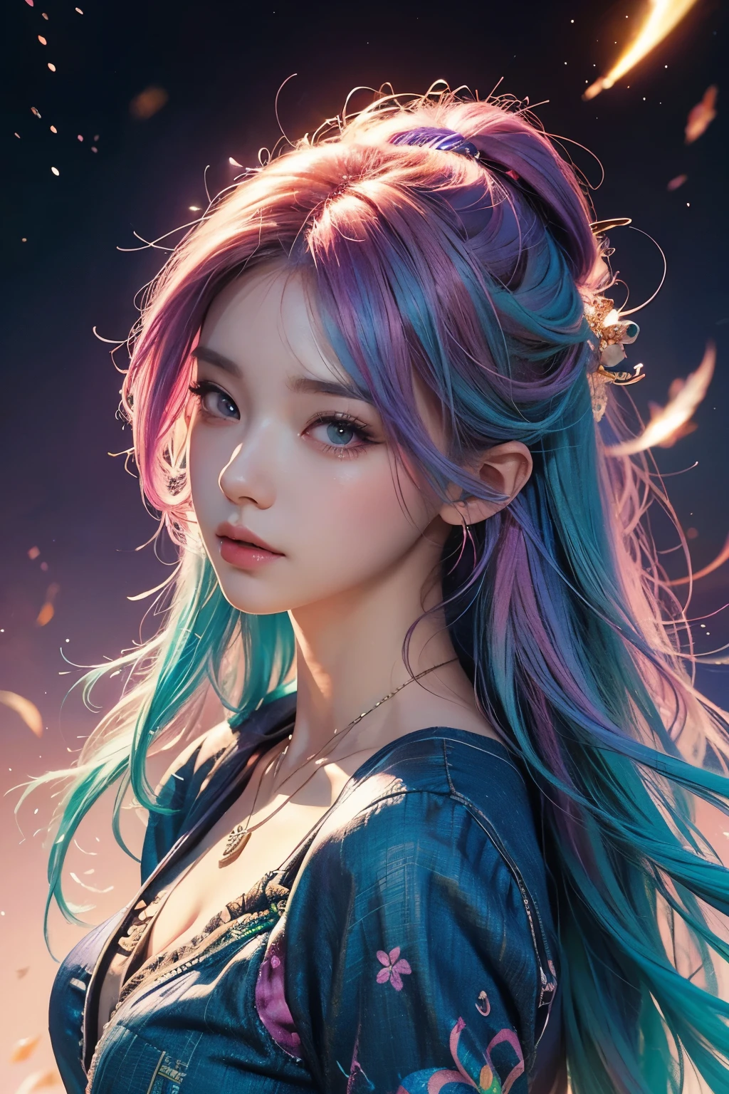 a close up of a woman with colorful hair and a necklace, anime girl with cosmic hair, rossdraws pastel vibrant, artwork in the style of guweiz, fantasy art style, colorful]”, vibrant fantasy style, rossdraws cartoon vibrant, cosmic and colorful, guweiz, colorfull digital fantasy art, stunning art style, beautiful anime style