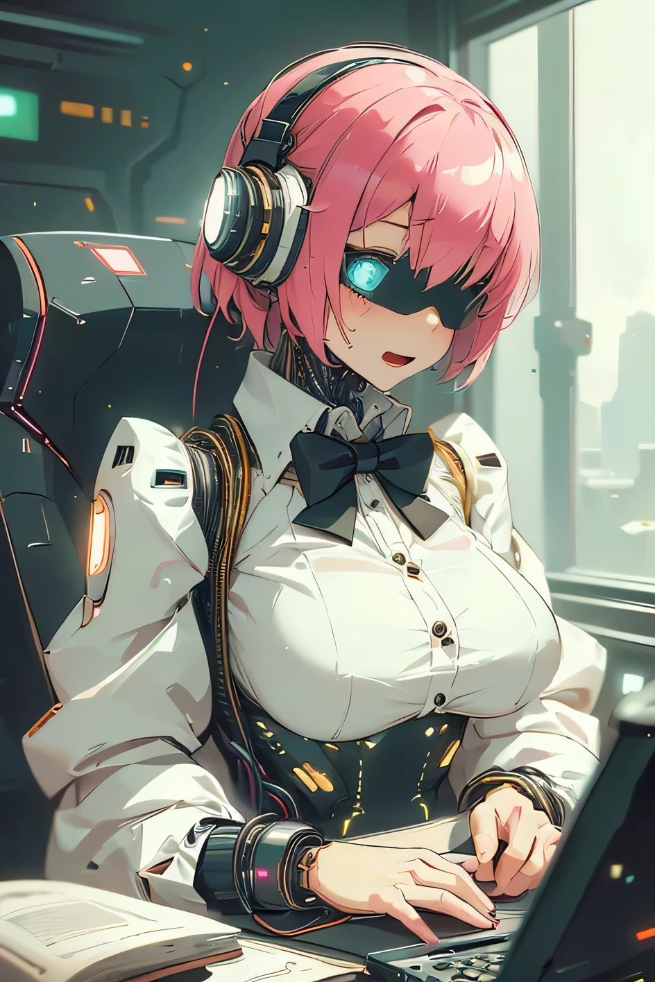 Anime cyborg girl sitting in a pilot seat wearing a virtual reality headset covering her eyes on her face with machinery and tubes and wires going inside her head and brain, (Best quality,highres:1.2), ultra-detailed, (realistic:1.3), cyberpunk, futuristic, portrait, shiny revealing latex outfit, cyber implants, virtual reality, drooling face, cables plugging into brain, shirt collar, bowtie, formal clothing, open mouth smile, facing viewer, girl is vibrating, glowing virtual reality headset, relaxed expression, blushing, cyber future formal wear, cyberpunk, futuristic, brain drain, cyber implants, virtual reality, drooling face, virtual reality headset covering eyes, school uniform, big collar, high collar, open mouth smile, pleasured face expression, skin tight clothing, big shirt collar, big bowtie, biggest breasts in the world, light-emitting cable connected to brain, head antennas, oversized headphones, breasts are vibrating, open mouth drooling, pleasured expression, red face blush, cyborg, android, mechanical creature, mechanical torso, futuristic cyberpunk cyborg body, slim futuristic android, glowing lights on girls body, power cells, head is emitting pink light, formal shirt collar, big formal bowtie, school uniform, glowing nipples, big shirt collar, high collar, white collar, electrocution, girl being electrocuted, electricity, electricity sparks, pink hair, short hair, neon pink hair, body modification, orgasm, pleasure, (VR headset covering the eyes), pointing index finger up, half smile, excited expression, girl has a genius idea, picking noise with index funger, a mass of cables connected to the girl's brain, white suit coat with polka dots, black vest, white dress shirt with polka dots, nose picking, finger in nostril, girl picking her nose, holding index fingers up, pointing upward, clown-like formal attire, polka dotted clothing, clown clothes, clown suit, clown girl