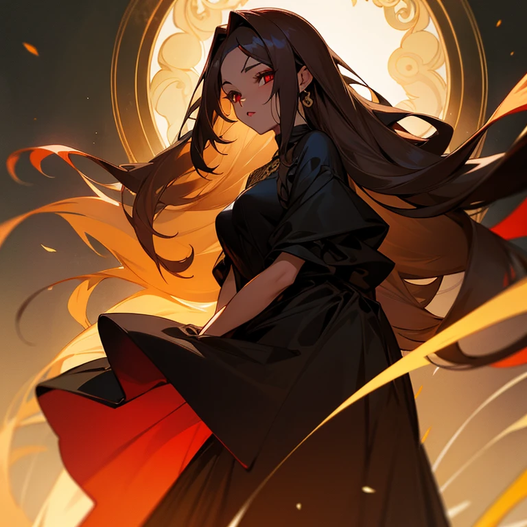 A captivating anime-style illustration of a young woman with long, sleek black hair and striking red eyes. She wears an oversized red off-the-shoulder sweater with ribbed cuffs, paired with black thigh-high stockings. The background features a warm gradient of orange and yellow, resembling light streaming through a window, creating a cozy atmosphere. The character poses playfully with one hand on her head, adorned with dangling geometric earrings, exuding a confident yet approachable vibe. The art style is vibrant and detailed, reminiscent of popular anime aesthetics.