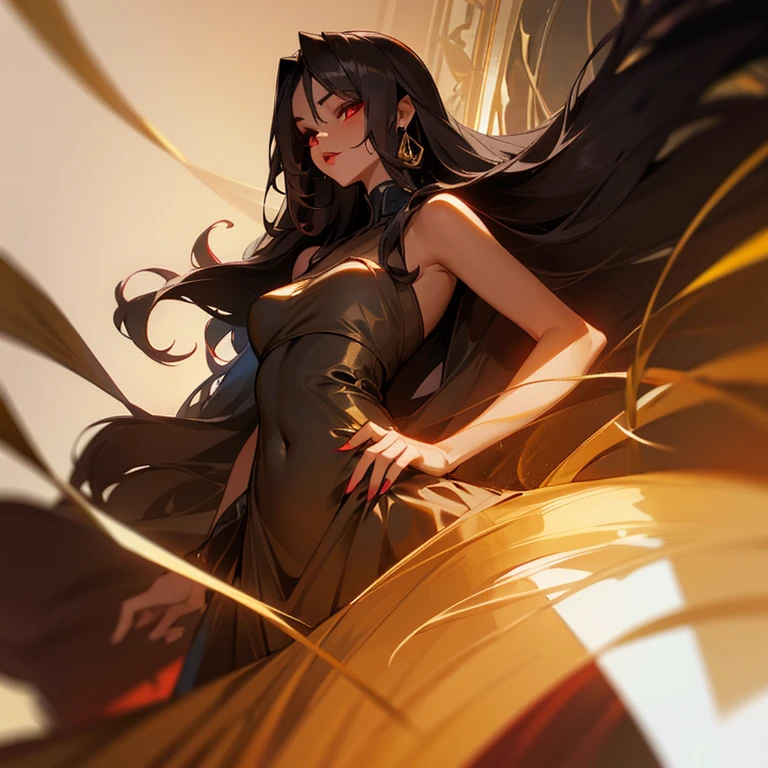 woman　red eyes　black prom dress　light brown long-haired　Golden lips　black skin　