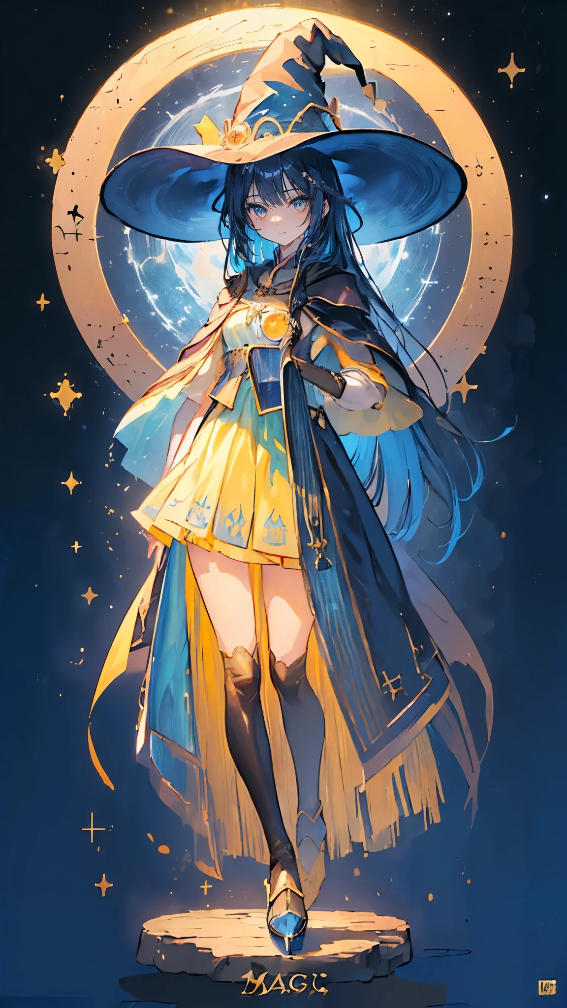 ((magic使いの女の子:1.5)), Full body shot,perfect face, beautiful face, highly detailed face,(blue long hair_yellow eyes:1.3),(witch hat:1.3),Witch's broom,magicの杖,book of magic,night sky,many stars,shine,Light,smile,magic,Sparkling,moon,star particles