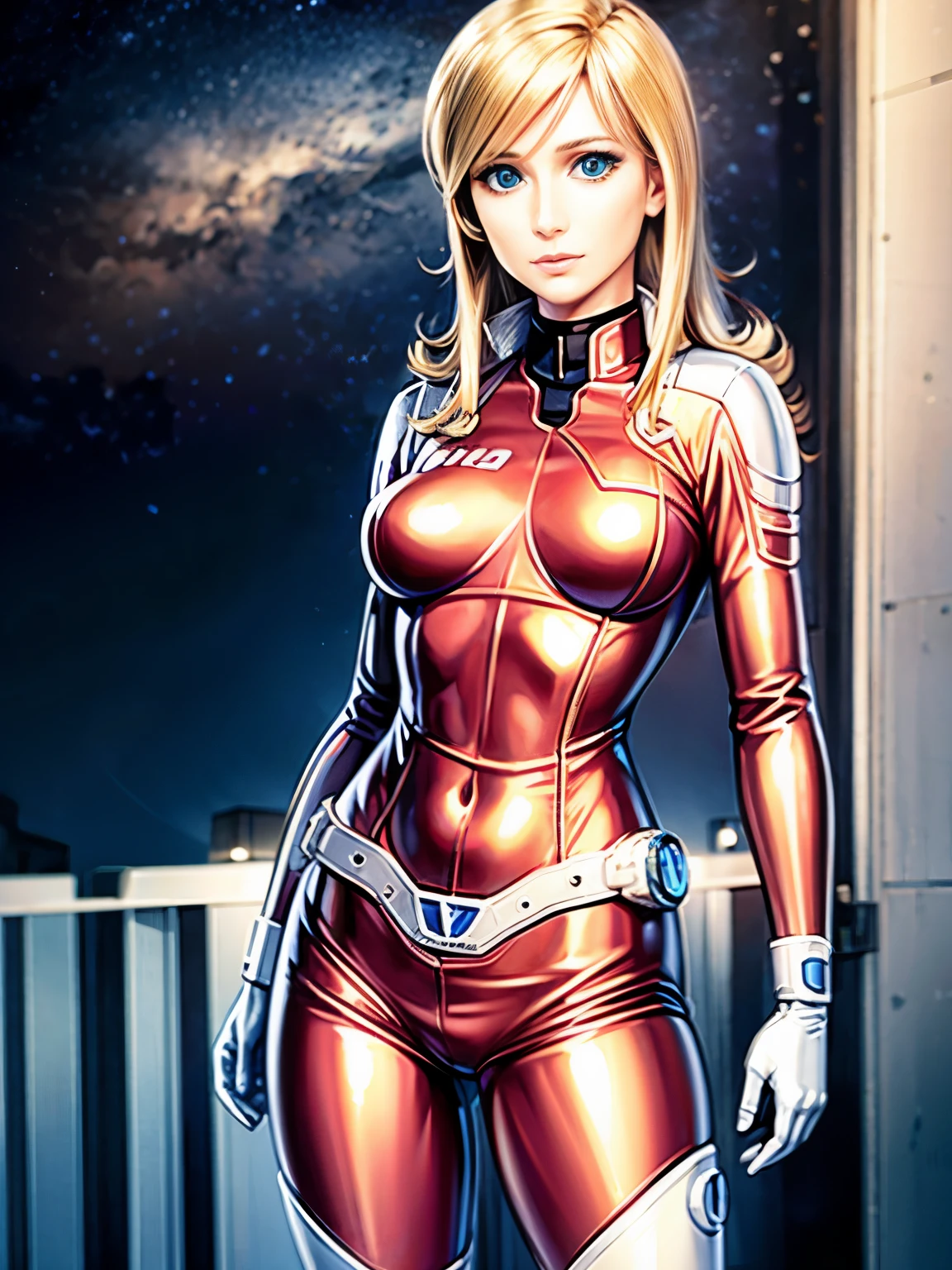 1 jeune femme, 25 ans, very blonde, souriante, yeux bleus clairs, Long messy hair, grande, anatomie parfaite, Very small breasts, tight red full space suit, bottes blanches, ceinture hitech blanche, debout