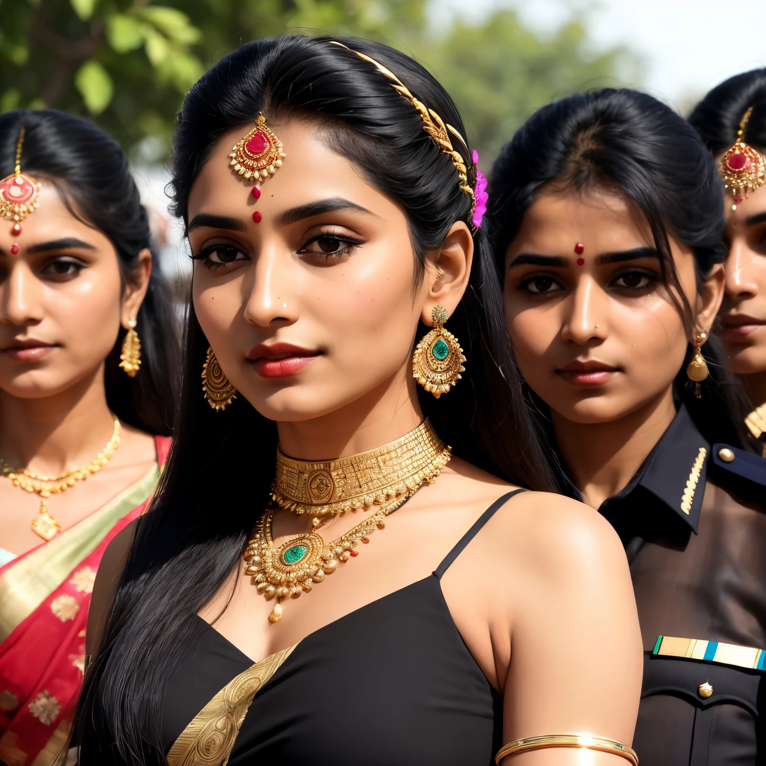 Indian police comment on women:
A group of Indian police officers stand around a beautiful Indian woman, dressed in vibrant colors, her sari flowing gently in the breeze. She looks up at them with curious eyes, a slight smile playing on her lips. The officers use various descriptive words to comment on her appearance.
((Detailed face:1.2)), ((detailed facial features)), (finely detailed skin), ((olive tone:1.2)), (intricately designed bangles on her wrists), ((long black hair:1.3), tied in a neat bun), ((almond-shaped eyes:1.2)), ((luscious lips:1.2)), (per