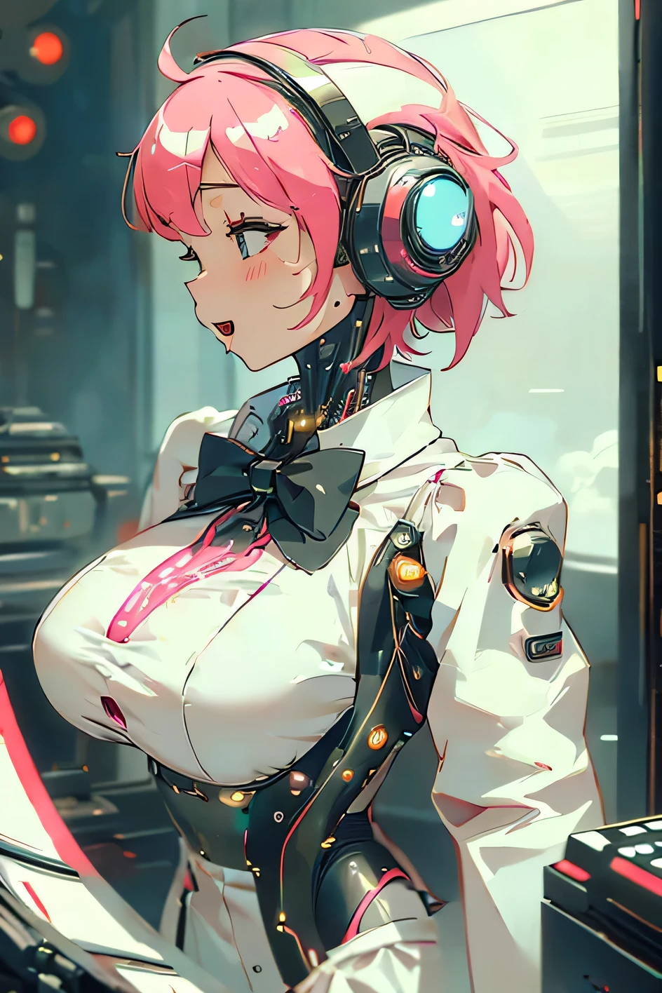 Anime cyborg girl sitting in a pilot seat wearing a virtual reality headset covering her eyes on her face with machinery and tubes and wires going inside her head and brain, (Best quality,highres:1.2), ultra-detailed, (realistic:1.3), cyberpunk, futuristic, portrait, shiny revealing latex outfit, cyber implants, virtual reality, drooling face, cables plugging into brain, shirt collar, bowtie, formal clothing, open mouth smile, facing viewer, girl is vibrating, glowing virtual reality headset, relaxed expression, blushing, cyber future formal wear, cyberpunk, futuristic, brain drain, cyber implants, virtual reality, drooling face, virtual reality headset covering eyes, school uniform, big collar, high collar, open mouth smile, pleasured face expression, skin tight clothing, big shirt collar, big bowtie, biggest breasts in the world, light-emitting cable connected to brain, head antennas, oversized headphones, breasts are vibrating, open mouth drooling, pleasured expression, red face blush, cyborg, android, mechanical creature, mechanical torso, futuristic cyberpunk cyborg body, slim futuristic android, glowing lights on girls body, power cells, head is emitting pink light, formal shirt collar, big formal bowtie, school uniform, glowing nipples, big shirt collar, high collar, white collar, electrocution, girl being electrocuted, electricity, electricity sparks, pink hair, short hair, neon pink hair, body modification, orgasm, pleasure, (VR headset covering the eyes), pointing index finger up, half smile, excited expression, girl has a genius idea, picking noise with index funger, a mass of cables connected to the girl's brain, white suit coat with polka dots, black vest, white dress shirt with polka dots, nose picking, finger in nostril, girl picking her nose, holding index fingers up, pointing upward, clown-like formal attire, polka dotted clothing, clown clothes, clown suit, clown girl