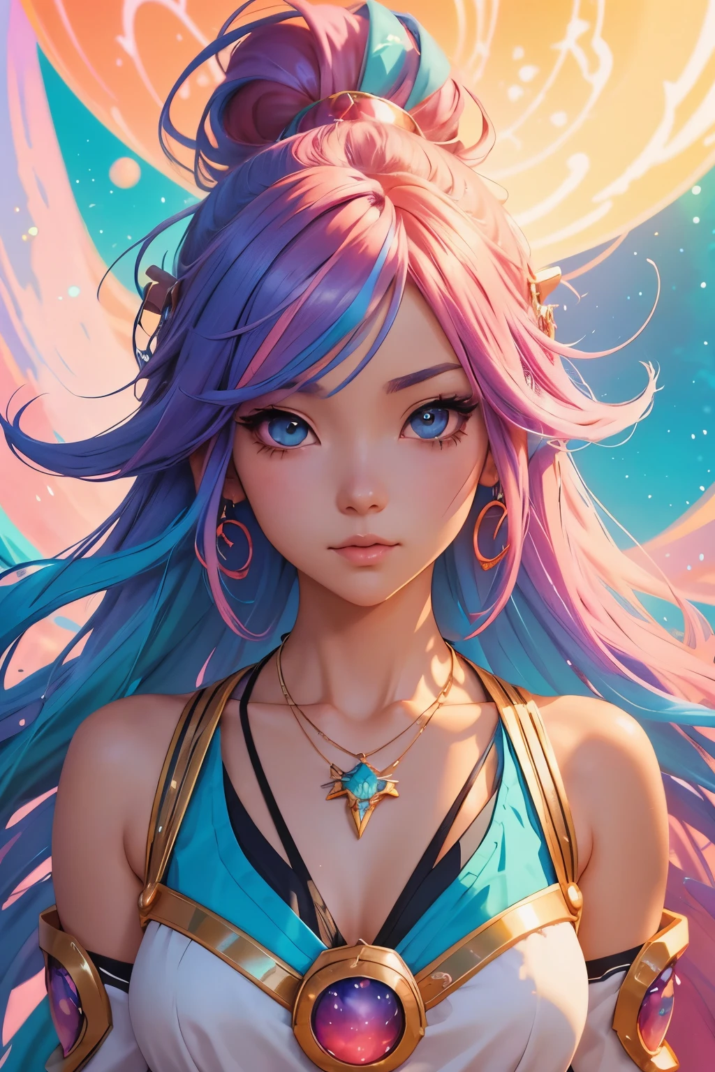 a close up of a woman with colorful hair and a necklace, anime girl with cosmic hair, rossdraws pastel vibrant, artwork in the style of guweiz, fantasy art style, colorful]”, vibrant fantasy style, rossdraws cartoon vibrant, cosmic and colorful, guweiz, colorfull digital fantasy art, stunning art style, beautiful anime style