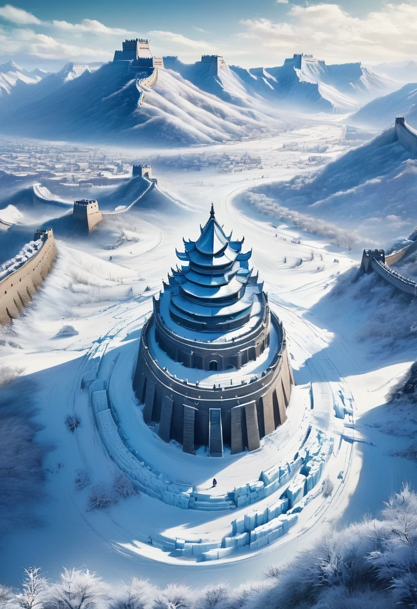 vanishing point, from above, panoramic, super wide angle, satellite images，aerial photography，Game of Thrones floor map ，((Winterfell))，Night King&#39;An S-face appeared in the ice and snow，full of mystery、Cold and strong sense of power，Night King has a very unique appearance。His face is like a withered bone，给人one种死气沉沉、Cold feeling。tall and straight，透露出one种威严与力量。His skin is whiter than milk，Night King&#39;s’s eyes are dark blue，像黑冰one样冷酷地燃烧，给人one种深不可测的感觉。他的眼神里带着one种冰冷和残忍，突然像新雪one样洁白，Suddenly dark like a long night，Like the ever-changing night sky。The body is dotted with predictable dark grey-green，Telling about his mystery and power。 Night King emits a strange, Faint blue light，like a light shining in the dark。Popular TV series《game of Thrones》Great Wall of Ice and Snow of China，one（Cliffs made entirely of ice and snow stretch for dozens of miles.：0.85），digital rendering，Hold your head high and chest high，become a solid barrier，（The Great Wall separates the night&#39;White Walker Watch.），background：The wind is very cold、Blizzard raging environment，营造one种不祥的预感和危险感。