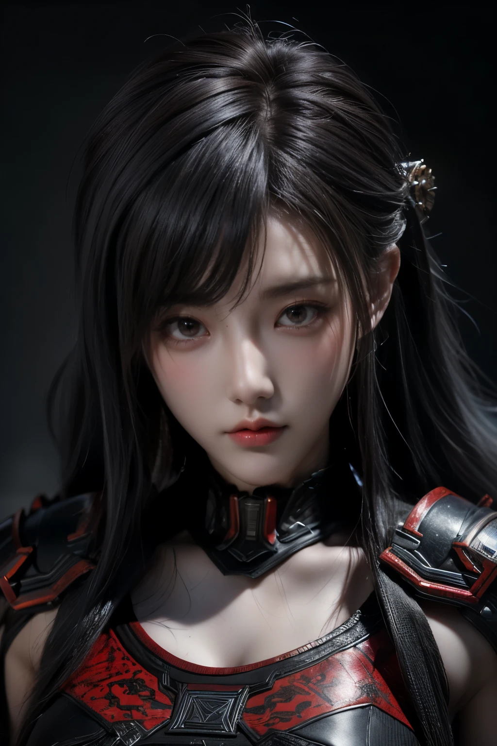 Masterpiece,Game art,The best picture quality,Highest resolution,8K,(Portrait),Unreal Engine 5 rendering works,(Digital Photography),((Portrait Feature:1.5)),
20 year old girl,Short hair details,With long bangs,(The red eye makeup is very meticulous),(With long gray hair:1.4),(Large, full breasts),Elegant and noble,Brave and charming,
(Future armor combined with the characteristics of ancient Chinese armor,Hollow design,Power Armor,The mysterious Eastern runes,A delicate dress pattern,A flash of magic),Warrior of the future,Cyberpunk figures,Background of war,
Movie lights,Ray tracing,Game CG,((3D Unreal Engine)),OC rendering reflection pattern