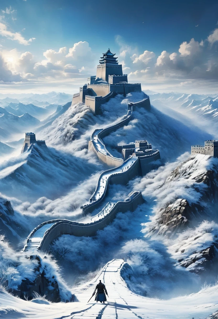 vanishing point, from above, panoramic, super wide angle, satellite images，aerial photography，Game of Thrones floor map ，((Winterfell))，Night King&#39;An S-face appeared in the ice and snow，full of mystery、Cold and strong sense of power，Night King has a very unique appearance。His face is like a withered bone，给人one种死气沉沉、Cold feeling。tall and straight，透露出one种威严与力量。His skin is whiter than milk，Night King&#39;s’s eyes are dark blue，像黑冰one样冷酷地燃烧，给人one种深不可测的感觉。他的眼神里带着one种冰冷和残忍，突然像新雪one样洁白，Suddenly dark like a long night，Like the ever-changing night sky。The body is dotted with predictable dark grey-green，Telling about his mystery and power。 Night King emits a strange, Faint blue light，like a light shining in the dark。Popular TV series《game of Thrones》Great Wall of Ice and Snow of China，one（Cliffs made entirely of ice and snow stretch for dozens of miles.：0.85），digital rendering，Hold your head high and chest high，become a solid barrier，（The Great Wall separates the night&#39;White Walker Watch.），background：The wind is very cold、Blizzard raging environment，营造one种不祥的预感和危险感。