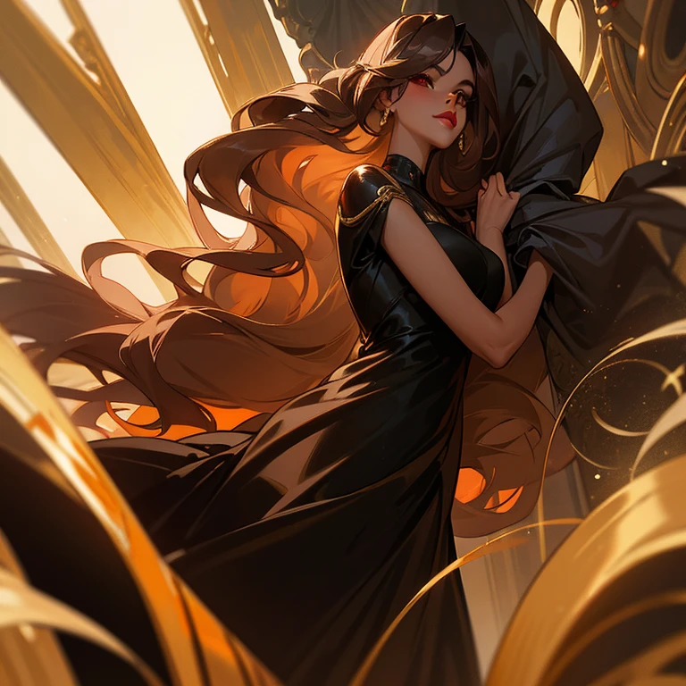 woman　red eyes　black prom dress　light brown long-haired　(((golden lips)))　black skin