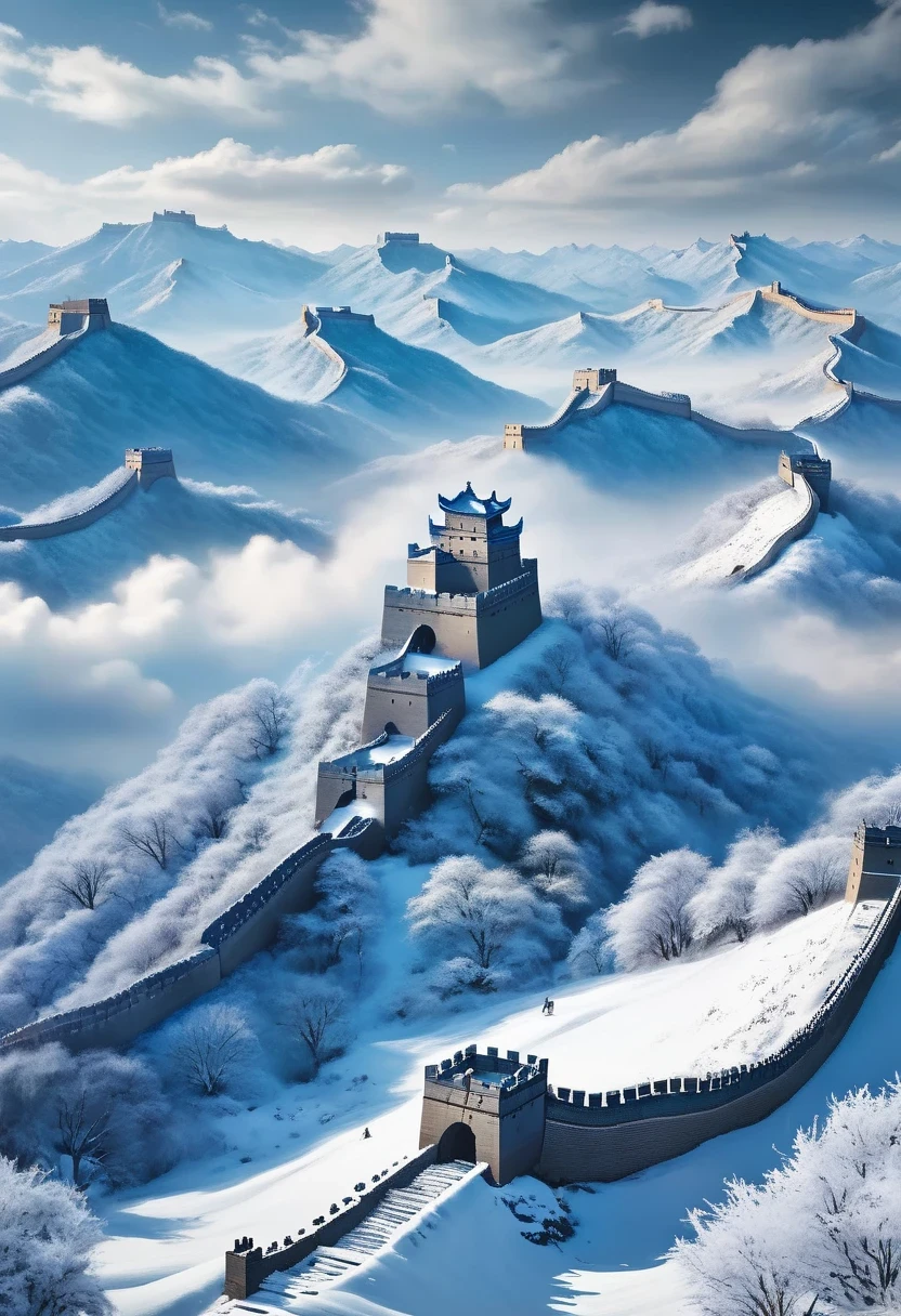 vanishing point, from above, panoramic, super wide angle, satellite images，aerial photography，Game of Thrones floor map ，((Winterfell))，Night King&#39;An S-face appeared in the ice and snow，full of mystery、Cold and strong sense of power，Night King has a very unique appearance。His face is like a withered bone，给人one种死气沉沉、Cold feeling。tall and straight，透露出one种威严与力量。His skin is whiter than milk，Night King&#39;s’s eyes are dark blue，像黑冰one样冷酷地燃烧，给人one种深不可测的感觉。他的眼神里带着one种冰冷和残忍，突然像新雪one样洁白，Suddenly dark like a long night，Like the ever-changing night sky。The body is dotted with predictable dark grey-green，Telling about his mystery and power。 Night King emits a strange, Faint blue light，like a light shining in the dark。Popular TV series《game of Thrones》Great Wall of Ice and Snow of China，one（Cliffs made entirely of ice and snow stretch for dozens of miles.：0.85），digital rendering，Hold your head high and chest high，become a solid barrier，（The Great Wall separates the night&#39;White Walker Watch.），background：The wind is very cold、Blizzard raging environment，营造one种不祥的预感和危险感。