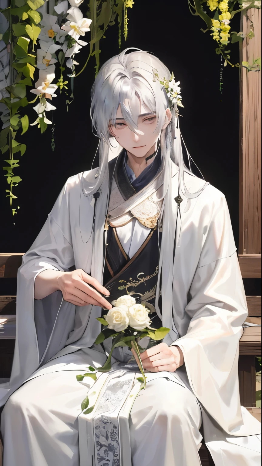 In the heart of an ancient Chinese garden, a young man with long, straight silver hair cloaked in mystery sits deeply in meditation. His intellectual charisma shines through his piercing silver eyes, which seem to hold the depths of the universe. Solo, he is the epitome of tranquility and wisdom in an illustration of supreme quality and detail. The intricately designed white robe he wears, adorned with delicate silver embroidery, accentuates the perfect texture of his perfect fit. The harmonious tones of the ancient garden blend seamlessly with his calm presence, creating an atmosphere of holiness as if time itself has stood still. With a serene smile upon his