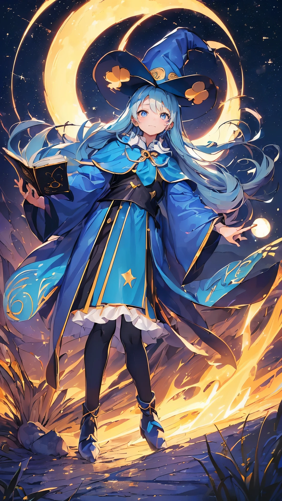 ((magic使いの女の子:1.5)), Full body shot，perfect face, beautiful face, highly detailed face，(blue long hair_yellow eyes:1.3)，(witch hat:1.3)，Witch's broom，magicの杖，book of magic，night sky，many stars，shine，Light，smile，magic，Sparkling，moon，star particles