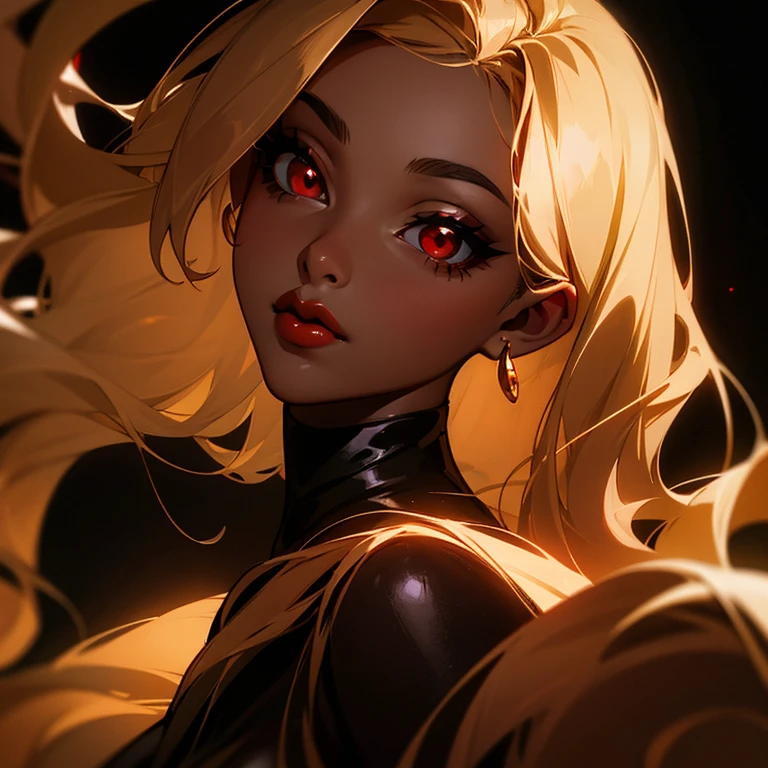 woman red eyes black prom dress light brown long-haired (((golden lips))) black skin dark background Golden lipstick