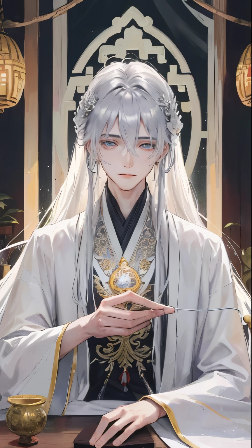 In the heart of an ancient Chinese garden, a young man with long, straight silver hair cloaked in mystery sits deeply in meditation. His intellectual charisma shines through his piercing silver eyes, which seem to hold the depths of the universe. Solo, he is the epitome of tranquility and wisdom in an illustration of supreme quality and detail. The intricately designed white robe he wears, adorned with delicate silver embroidery, accentuates the perfect texture of his perfect fit. The harmonious tones of the ancient garden blend seamlessly with his calm presence, creating an atmosphere of holiness as if time itself has stood still. With a serene smile upon his