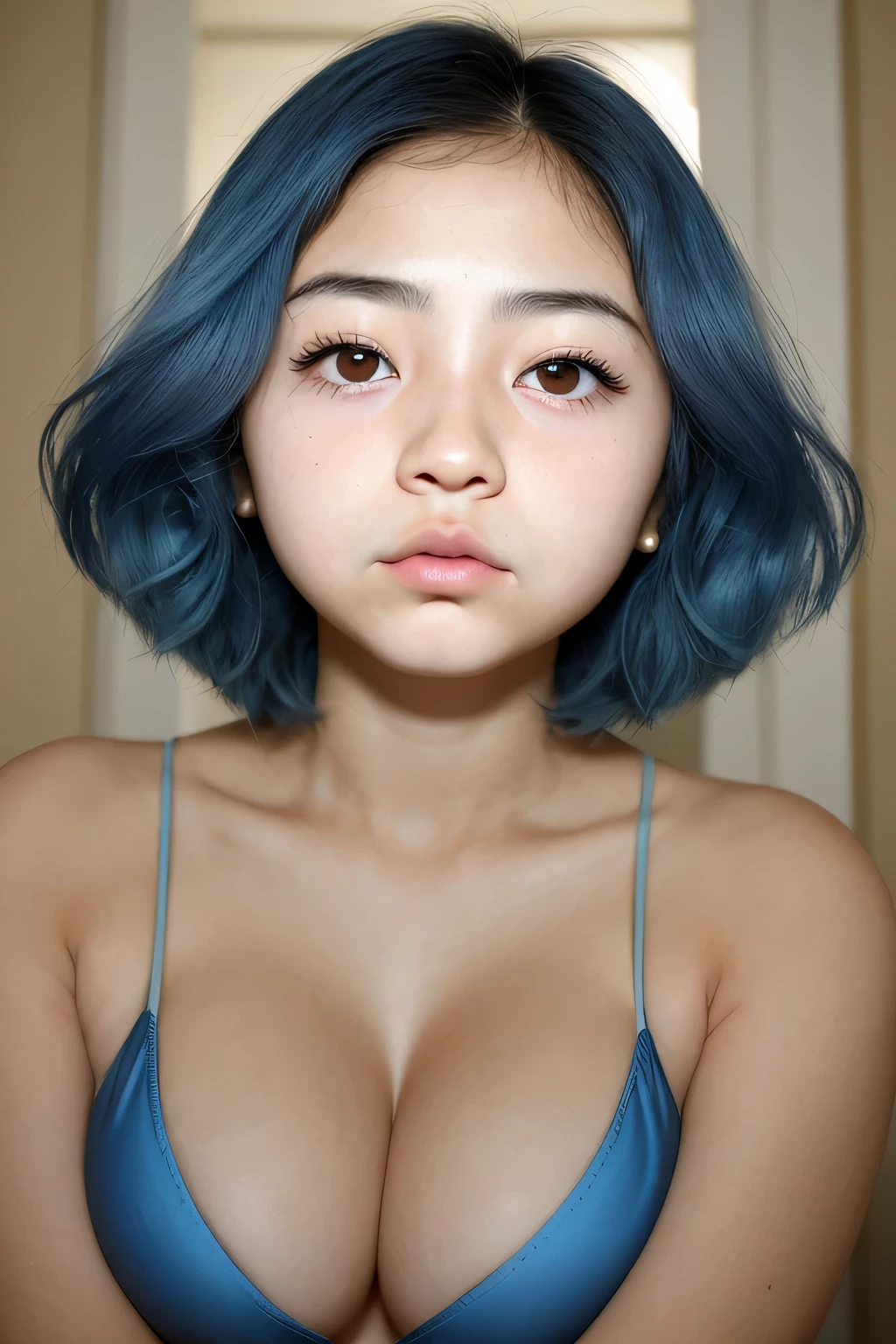 Make eye contact with the camera.., Micro bikini, escote,、Los detalles del iris de la pupila son muy sorprendentes、Extremidades sin roturas.、Adolescente blanca、Boca naturalmente cerrada、Areola natural、natural 、ojos fijos、cuerpo natural、Slightly baby face、rostro femenino、cuerpo femenino、con cara redonda、a small face、cheeks softened on camera、cuerpo completosbian、Desapego、Rostro equilibrado、Estrabismo ligeramente interno、top-less, golpes ((ojos grandes)) pechos reveladores. ropa de dormir elegante transparente, rapid eye movement, cabello corto, Re:cero, pelaje azul, Hair dyed blue, mucama, servidumbre, Mansion, Asombroso, anime de verdad, diadema en la cabeza, adolescente, beautiful NSFW NSFW Japanese beautiful