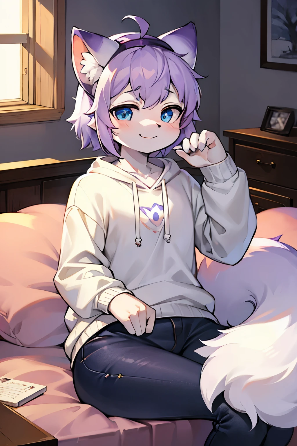 cat plush,two,hairy,furry,There are purple horns on the head,with hat,Colorful Patterned White Sweatshirt,Black jeans with white stripes,Q version,cute,Simple art style,Cartoon style,blue eyes white round pupils,Cheerful,happy,Purple hair on the ears White hair on the tips of the ears,purple hair on back,hairy 蓬松的狼尾,Big tail purple tail tip white,in living room,sitting on bed