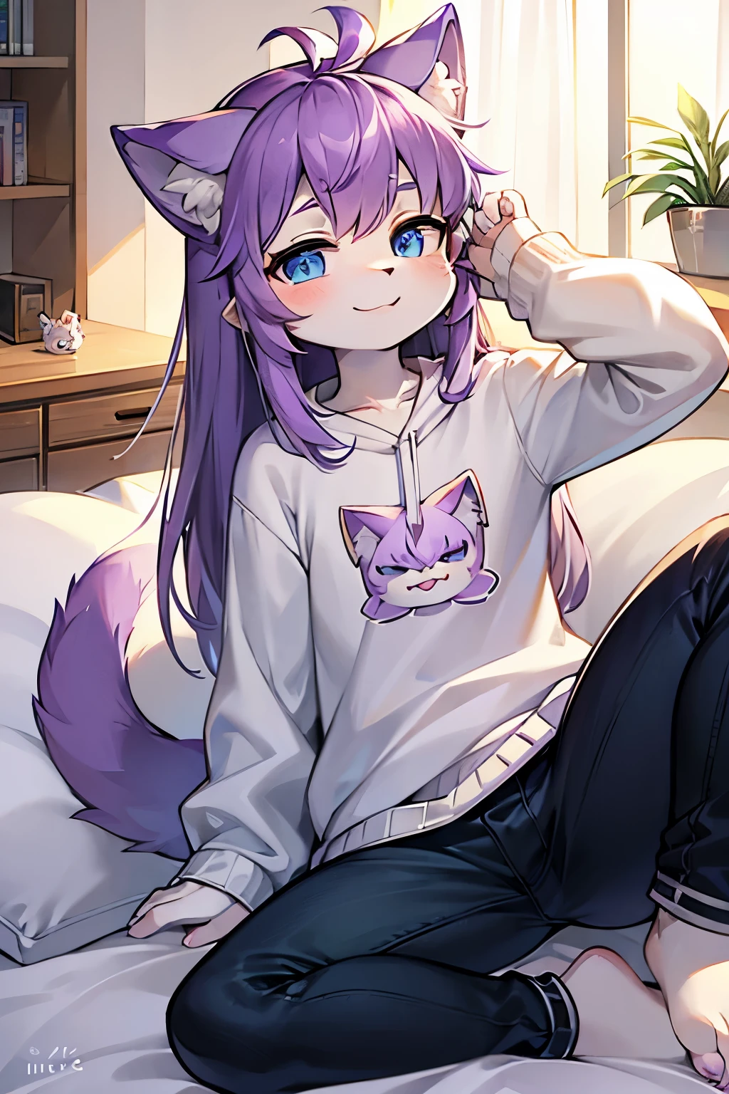 cat plush，two，hairy，furry，There are purple horns on the head，with hat，Colorful Patterned White Sweatshirt，Black jeans with white stripes，Q version，cute，Simple art style，Cartoon style，blue eyes white round pupils，Cheerful，happy，Purple hair on the ears White hair on the tips of the ears，purple hair on back，hairy 蓬松的狼尾，Big tail purple tail tip white，in living room，sitting on bed