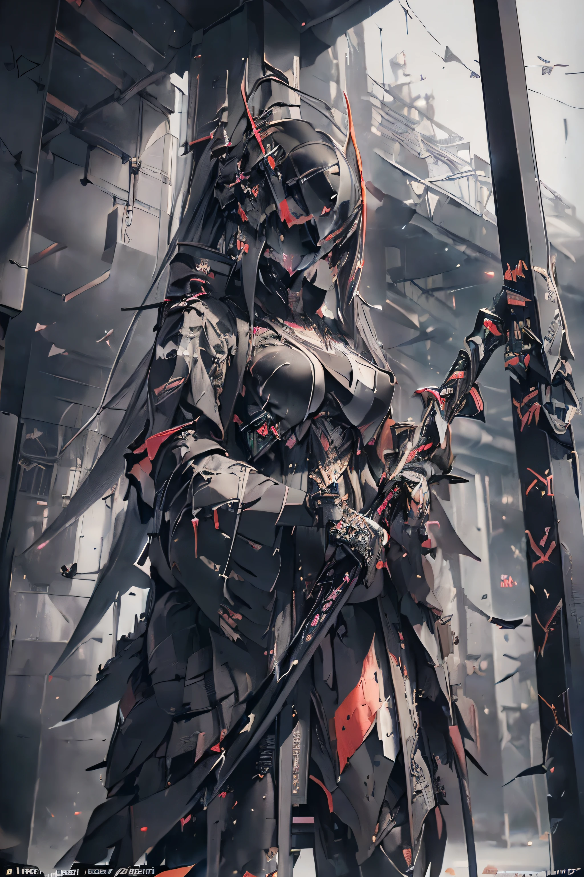 man is wearing black and orange jacket, in the style of dark white and light white, wormcore, ricoh ff-9d, light gray and light black, hurufiyya, tachist, limited color range (((Best quality))), ((masterpiece)) full body, young female Japanese femme fatale cyborg assassin, (((holding two katanas))) with a black glossy futuristic mask, dark grey metal body armour, wearing by a (((traditional black kimono embroidered in gold and red feudal Japanese symbols, neo-futuristic visual aesthetic, ((perfect robotic eyes)) ((perfect symmetry)), perfect face, perfect body, detailed white ink body art, dark palette, hint of black-neon, neo-noir Japanese, colourful tag graffiti on metal body frame and helmet, dark neo-noir cyberpunk minimalism, dieselpunk vs rococopunk, dark palette minimalism, {{dark neo-noir Japanese dark gothic art}} by ESAU, Moebius, Dan hillier, Jakub Rebelka, (((and a world-first reimagined digital Leonardo da vanci)), HQ digital matte painting, additional collaborating artist—Marcin blaszczack, trending on artstation and this is cool, the composition is dark & futuristic with a twist of retro 80’s retro & synthwave visual aesthetic, sci-fi horror, dark sci-fi horror overtones, a red moon behind dark post-apocalyptic buildings background, dark sinister clouds, dystopian vibes, a dash of (dark pulp-surrealism), hauntingly beautiful, cgsociety, lo-fi dark grungecore, black neon, apocalypse art, dystopian art, sabattier filter, cinematic lighting, dieselpunk, black ink splattering and oil colour grunge, enigmatic, forbidden art, robot erotica, perfect composition, fit in-frame, strangely ominous, nightmarefuel, intricate details,neon horror st,ory, 3d maya, unreal engine render, a dark narrative is unfolding, 4K
