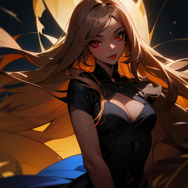 woman red eyes black prom dress light brown long-haired golden lips black skin blue dark background Golden lipstick