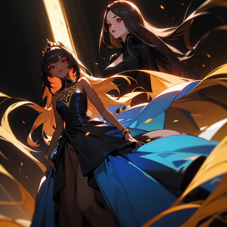 woman red eyes black prom dress light brown long-haired black skin blue dark background Golden lipstick princess cut hair