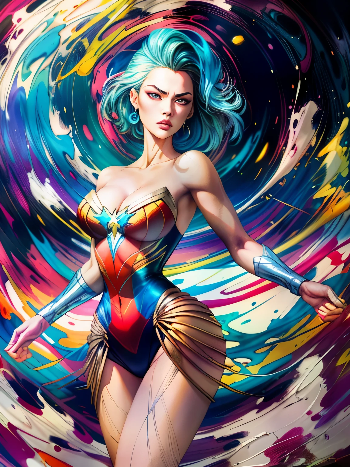 (bold brushstrokes,vibrant colors,abstract shapes) painting of an extremely powerful, emotional, and sexy wonderwoman. The painting portrays her with detailed, piercing gaze and beautiful, seductive lips. She stands tall and confident, with a strong, statuesque figure, dressed in a sleek, form-fitting costume that accentuates her curves. The background is filled with dynamic, swirling strokes, representing the chaotic and powerful nature of her emotions. The colors used are a mix of vibrant and contrasting hues, symbolizing both the intensity and complexity of her emotions. The painting is rendered with high resolution and ultra-detailed brushwork, capturing every intricate detail and texture. The overall lighting is dramatic and spotlight-like, casting shadows and highlighting the contours of her figure. The painting combines elements of realism and abstraction, creating a visually striking and emotionally evocative artwork. cross hands