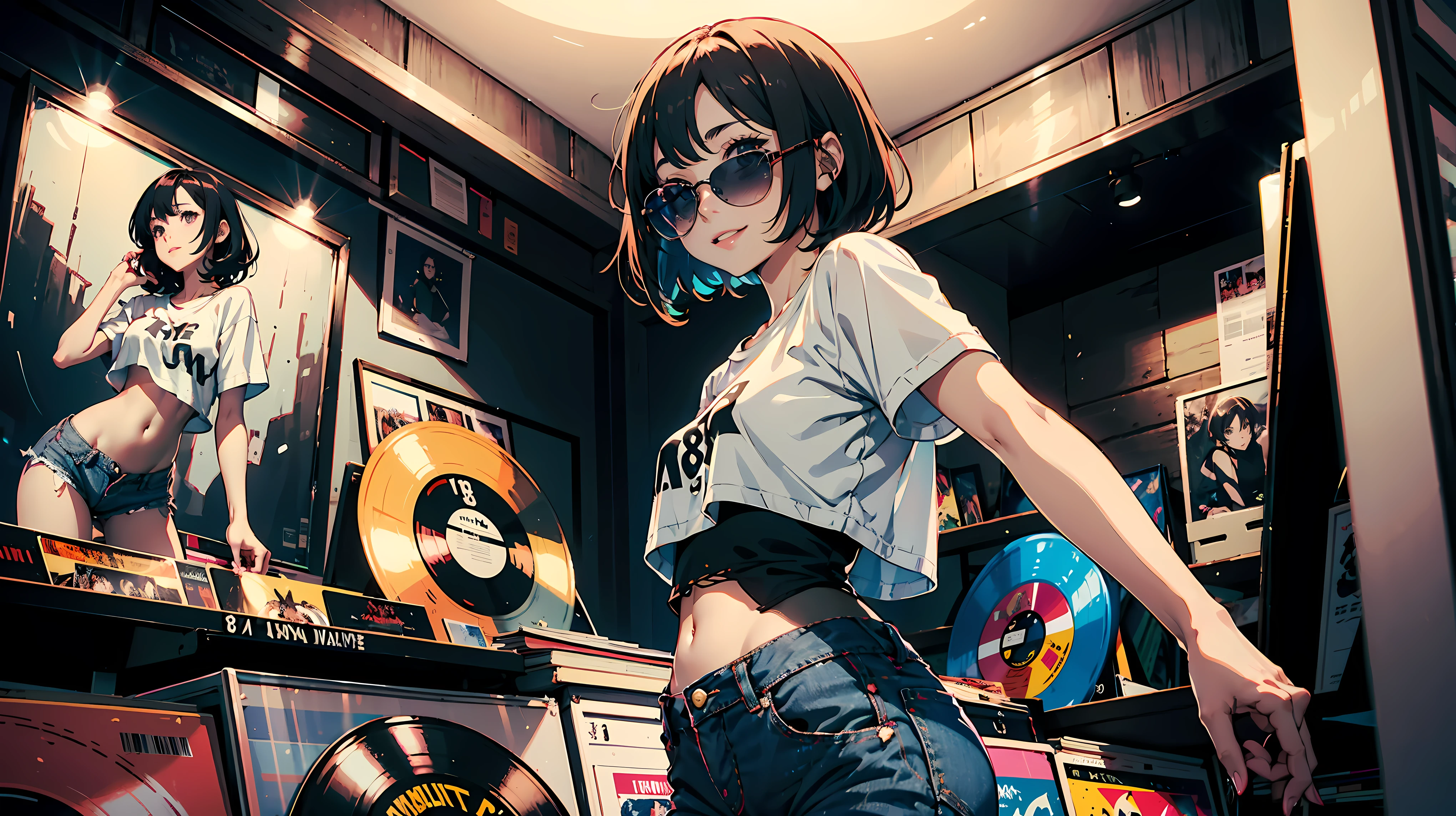 21 year old girl, short black hair, big eyes, sweet smile, small breasts, thin hips,
choker collar, unzipped black jacket, red bra, bare midriff, light blue torn jean shorts,
standing,
record store, vinyl, turntable, DJ equipment,
open door, open window,
evening, nighttime, raining outside
dramatic lighting, cinematic lighting,
masterpiece, best quality
