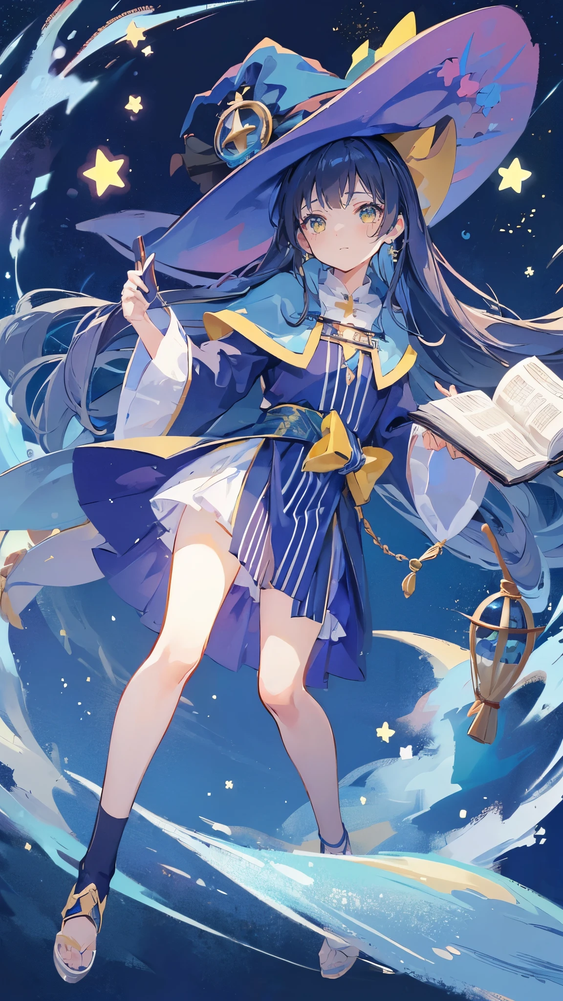 ((magic使いの女の子:1.5)), Full body shot,perfect face, beautiful face, highly detailed face,(blue long hair_yellow eyes:1.3),(witch hat:1.3),Witch's broom,magicの杖,book of magic,night sky,many stars,shine,Light,smile,magic,Sparkling,moon,star particles